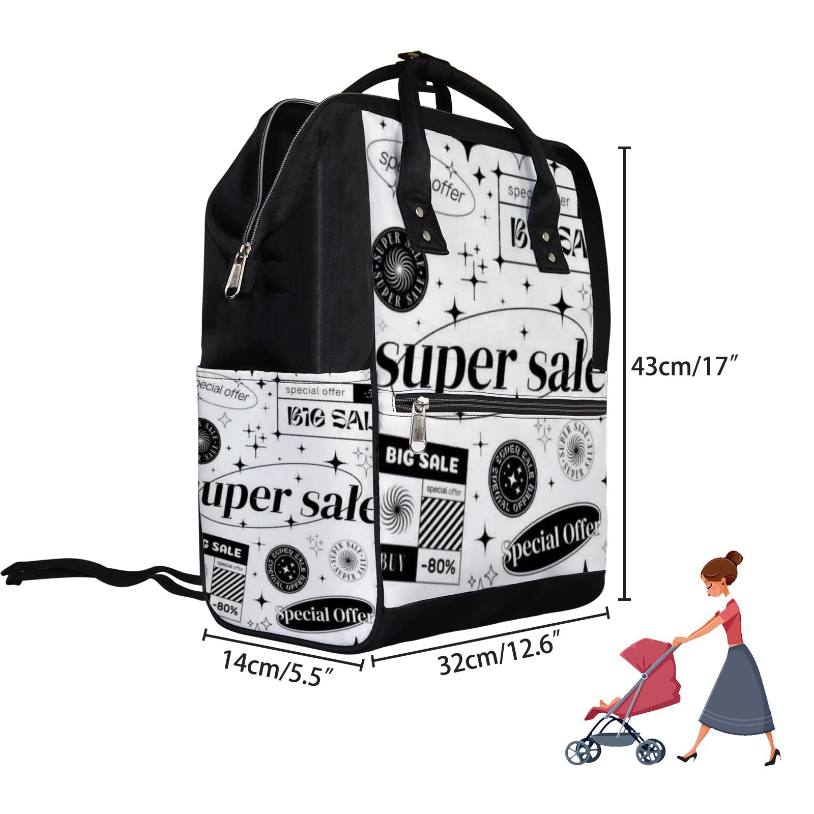 Black and White Cute Alphabet Pattern Waterproof Diaper Backpack - Large Capacity Baby Nappy Changing Bag with Laptop Compartment for Travel | Durable & Stylish Unisex Diaper Bag for Parents On-The-Go (Perfect for Daycare, Air Travel, and Family Outings)