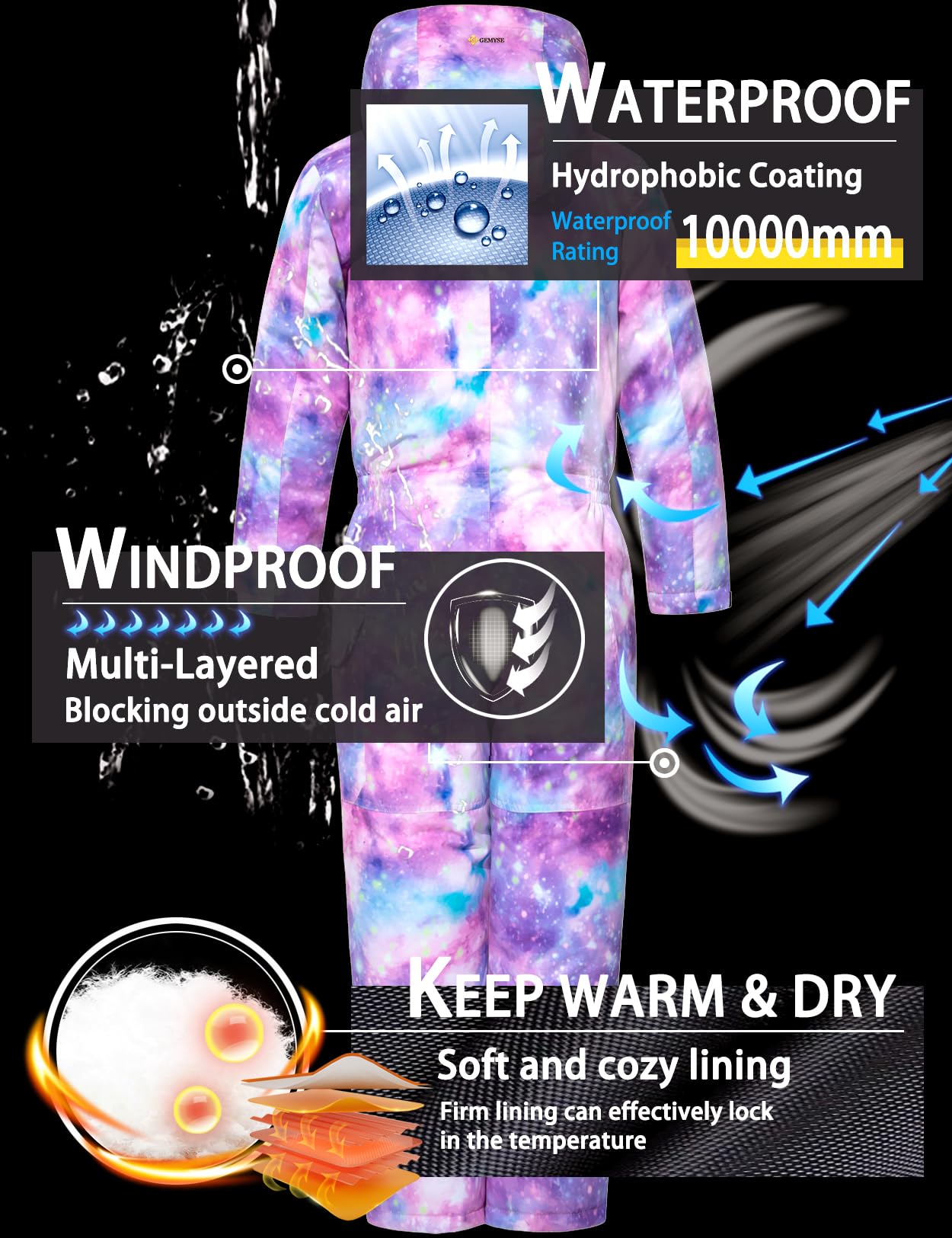 GEMYSE Kids One-Piece Ski Suit - Waterproof Snowsuit for Boys & Girls - Winter Snowboarding & Outdoor Play - Perfect for Skiing, Sledding & Cold Weather Adventures