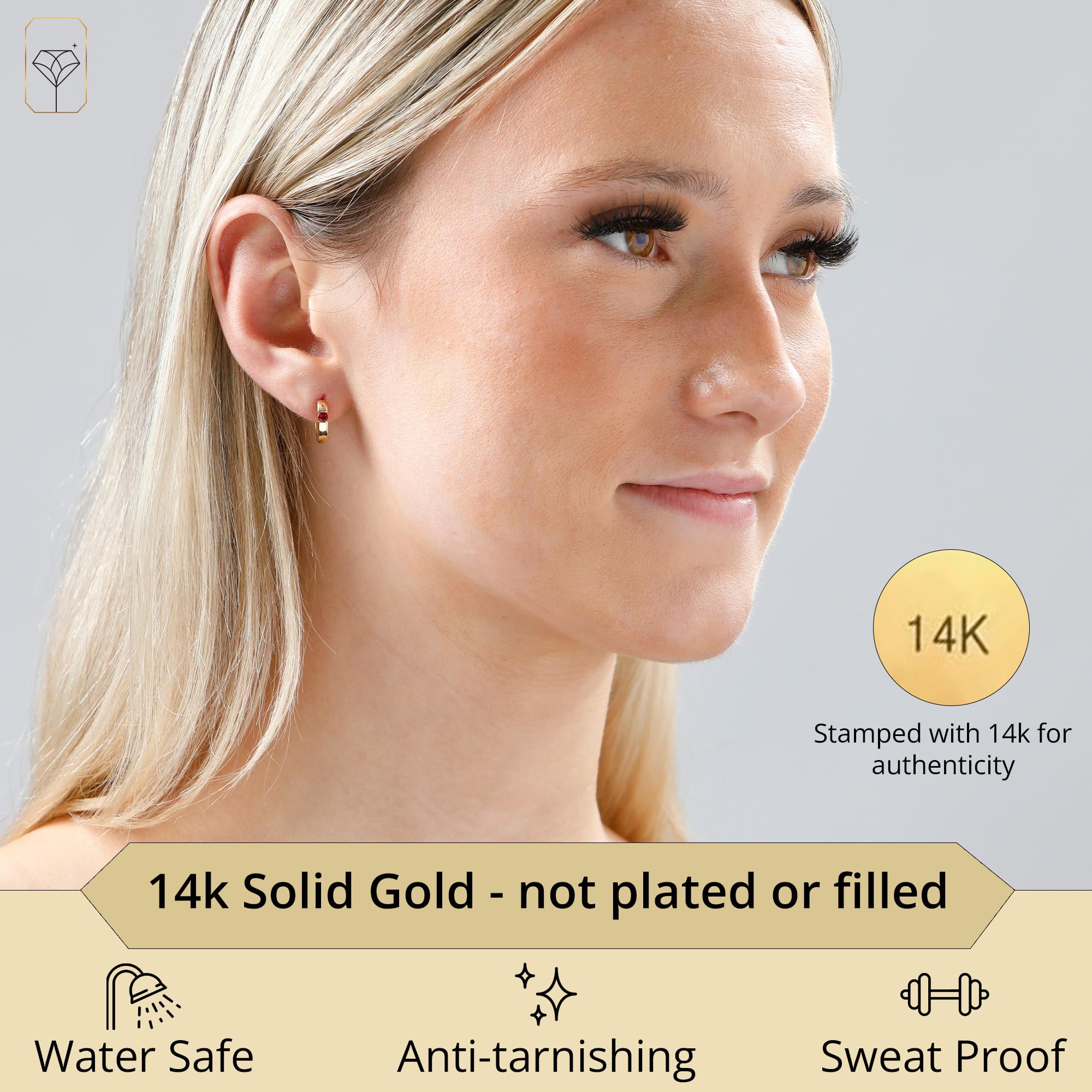 14K White or Yellow Gold Small Round Gemstone Huggie Hoop Earrings for Women - Channel Set 2.5mm Birthstone Jewelry by MAX + STONE | Perfect for Everyday Wear, Gifts, and Special Occasions
