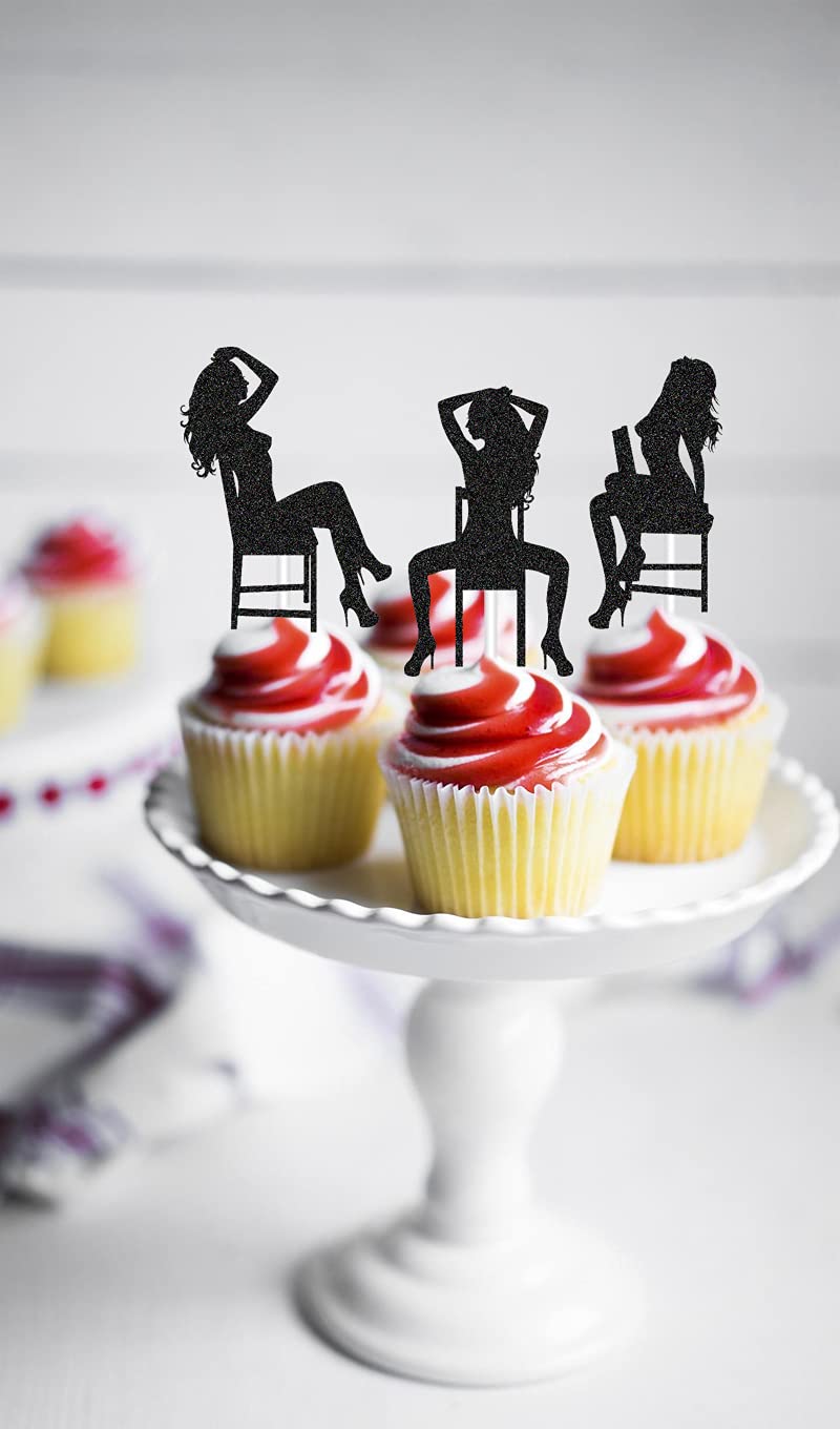 24pcs Black Glitter Pole Dancing Cupcake Toppers - Bachelorette Party Decorations, Stripper Themed Party Supplies for Adult Birthday & Girls Night Out