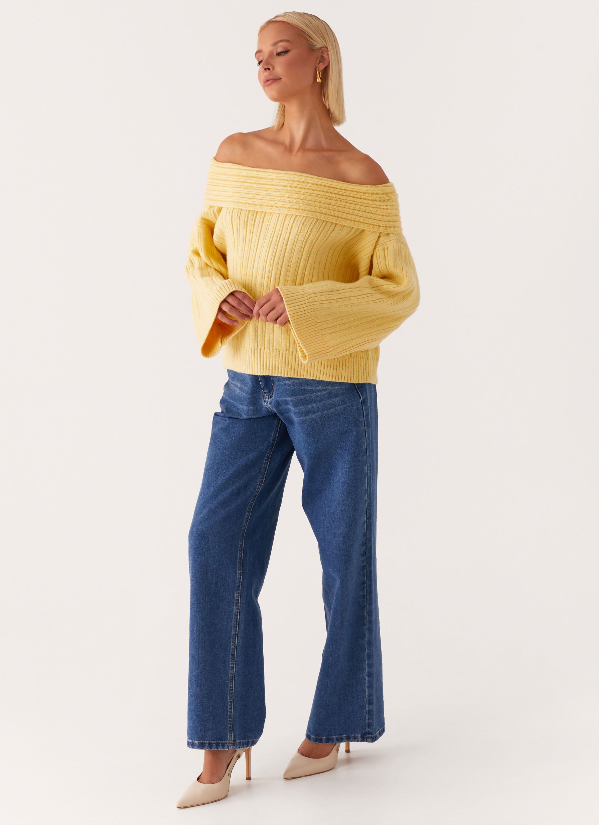 Federica Off Shoulder Knit Sweater in Lemon Yellow - Women's Casual Pullover Top for Fall & Winter | Perfect for Dates, Parties, and Office Wear