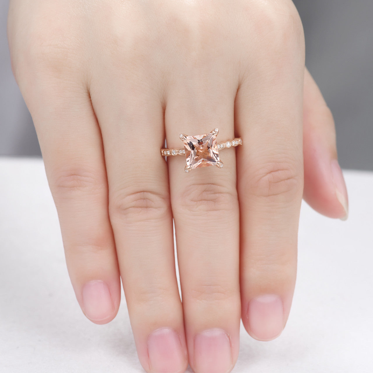 8mm Natural Morganite & Diamond Hidden Halo Rose Gold Wedding Ring for Women - Elegant Princess Style Engagement Ring, Perfect for Proposals, Anniversaries & Bridal Jewelry