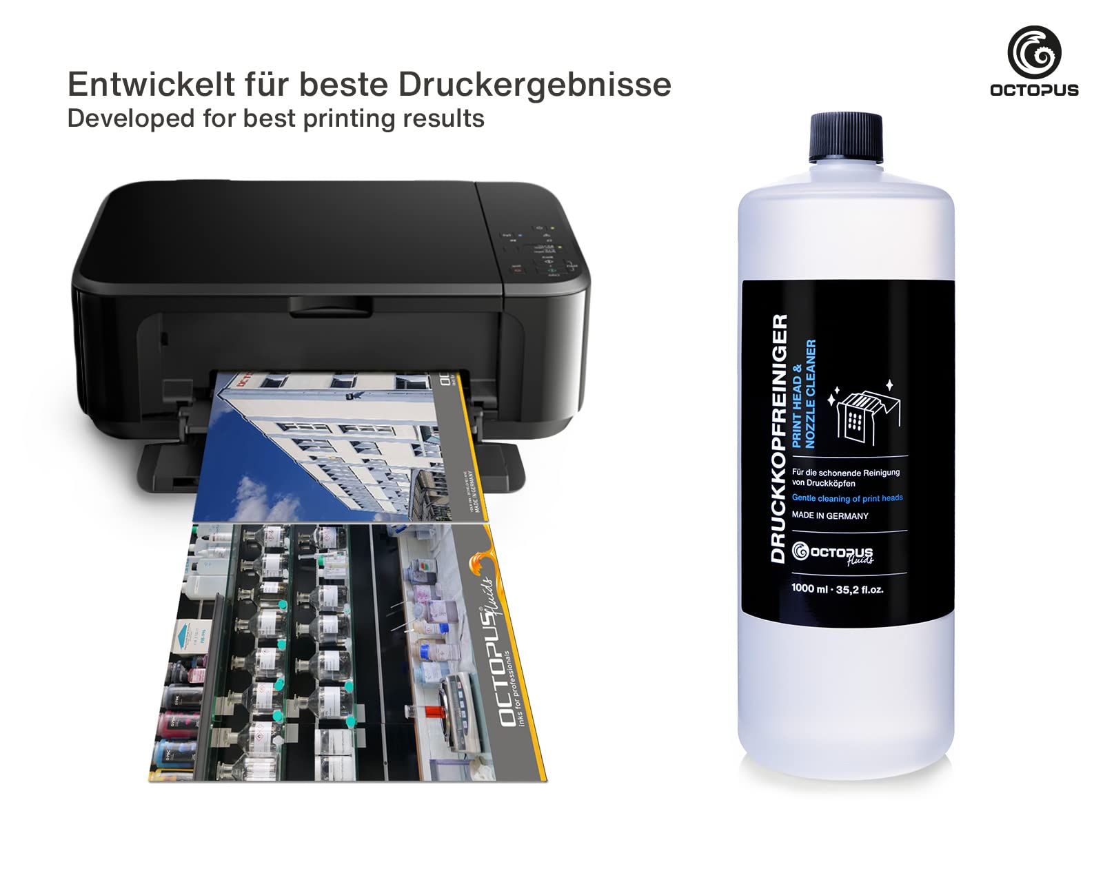 Octopus Nozzle Cleaner for Canon Pixma Print Heads - 1000ml Print Head Cleaning Solution with Hose Adapters | Compatible with Canon Inkjet Printers | Perfect for Home & Office Printer Maintenance