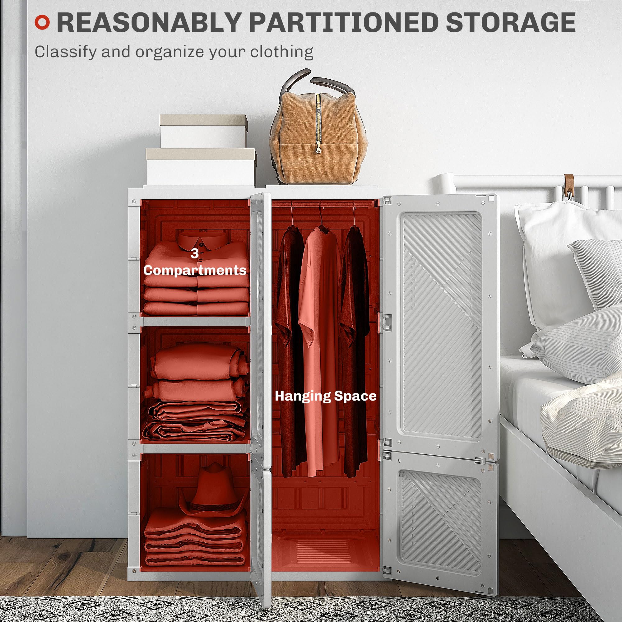 HOMCOM Portable Wardrobe Closet - Foldable Bedroom Armoire with 3 Cube Compartments & Hanging Rod | Magnetic Door Clothes Storage Organizer | Easy Assembly White Wardrobe for Small Spaces | Perfect for Apartments, Dorms, and RV Living