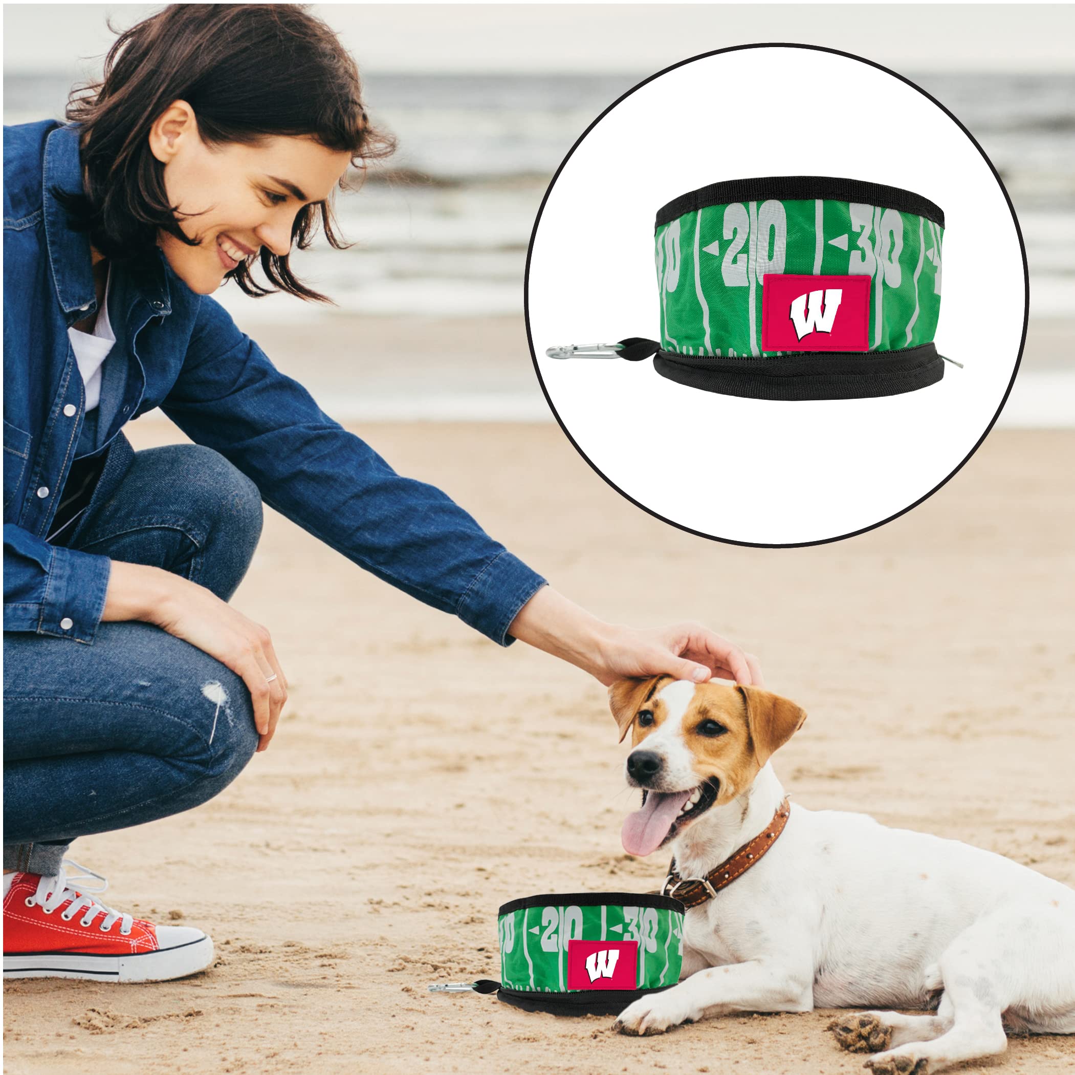 NCAA Wisconsin Badgers Collapsible Dog Travel Bowl - Portable Leak-Proof Pet Food & Water Dish for Dogs & Cats - Lightweight Football Field Design - Perfect for Camping, Hiking & Road Trips