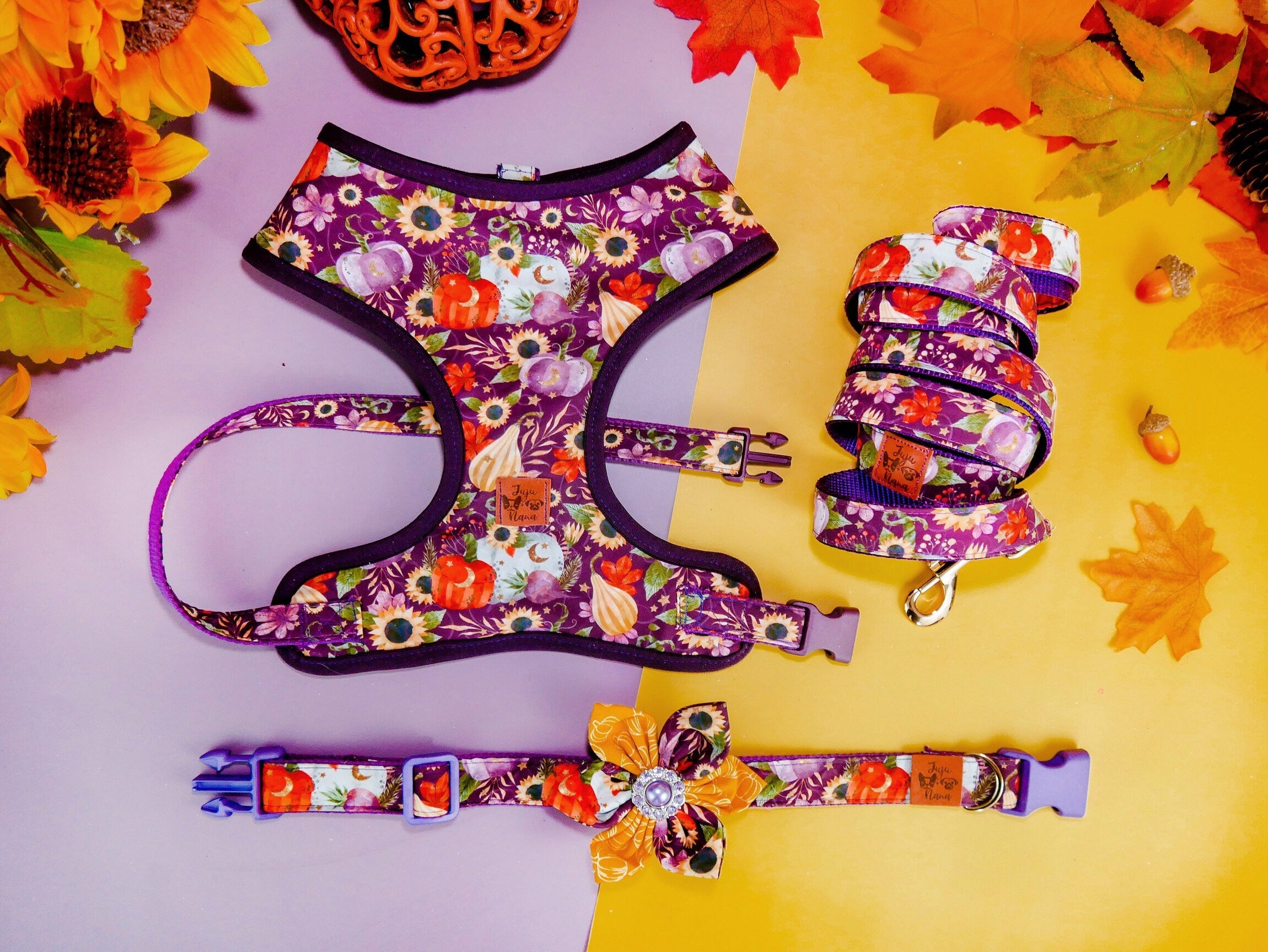 Premium Dog Harness Set - Purple Sunflower & Pumpkins Design for Small & Medium Dogs | Adjustable & Reflective for Safety | Perfect for Walks, Hiking & Outdoor Adventures