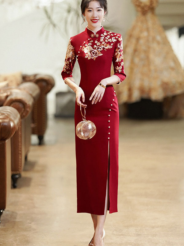 Elegant Burgundy Thigh-High Split Cheongsam Wedding Dress - Vintage Chinese Qipao for Brides, Evening Gala & Special Occasions