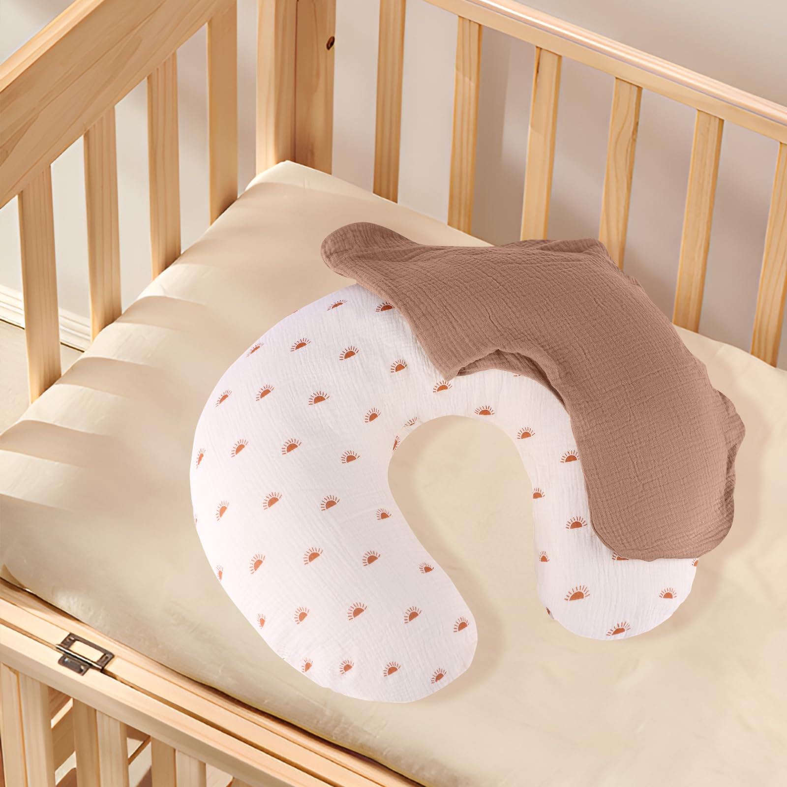 Winmany 2 Pack Muslin Nursing Pillow Covers - Soft Cotton Breastfeeding Pillow Slipcovers for Newborns - Baby Shower Gift for Boys & Girls (Light Brown + Sun) - Perfect for Nursing, Feeding & Comfort at Home or Travel