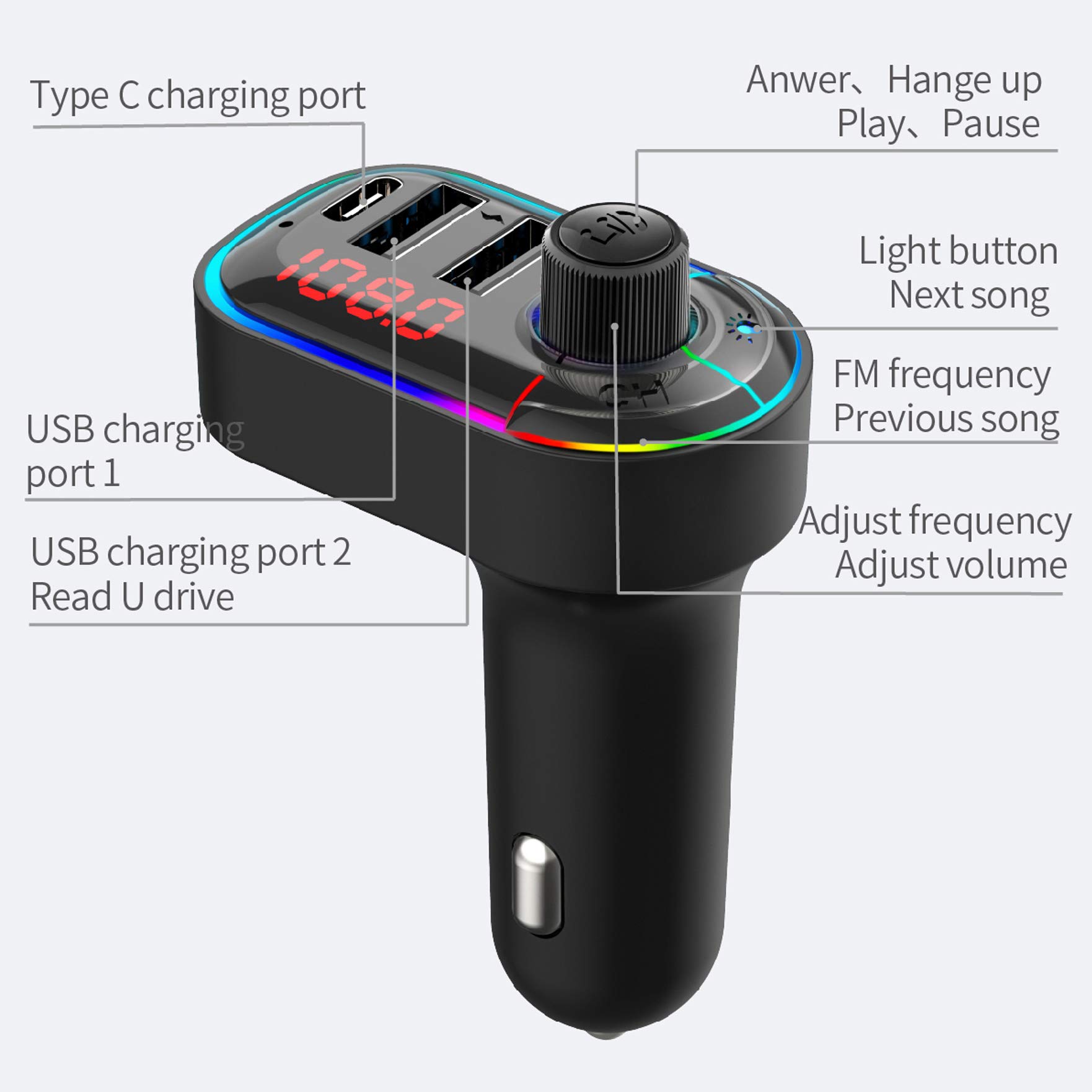 Eessley Bluetooth 5.0 FM Transmitter for Car - Wireless Car Adapter with Hands-Free Calling, MP3 Player, USB-C & Dual USB Ports - Perfect for Music Streaming & Phone Charging on Road Trips