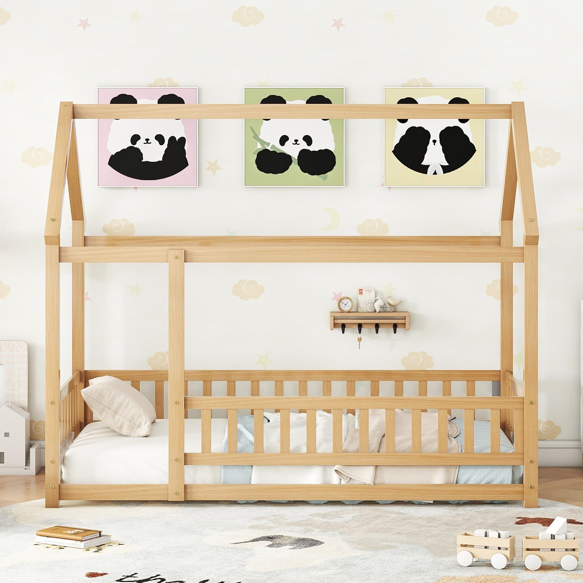 Bellemave Twin Size Wooden Montessori Floor Bed Frame with Safety Fence for Kids - Natural Wood Toddler Bed for Nursery, Daycare & Montessori Classroom - Perfect for Safe Sleep & Play Areas