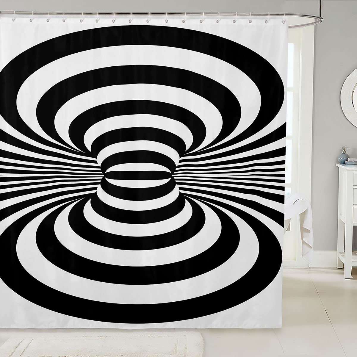 Black & White Optical Illusion Shower Curtain Set - 72x72 Inch Waterproof Bathroom Decor for Kids & Adults - Modern Art Visual Space Design for Home, Dorm, and Hotel Bathrooms
