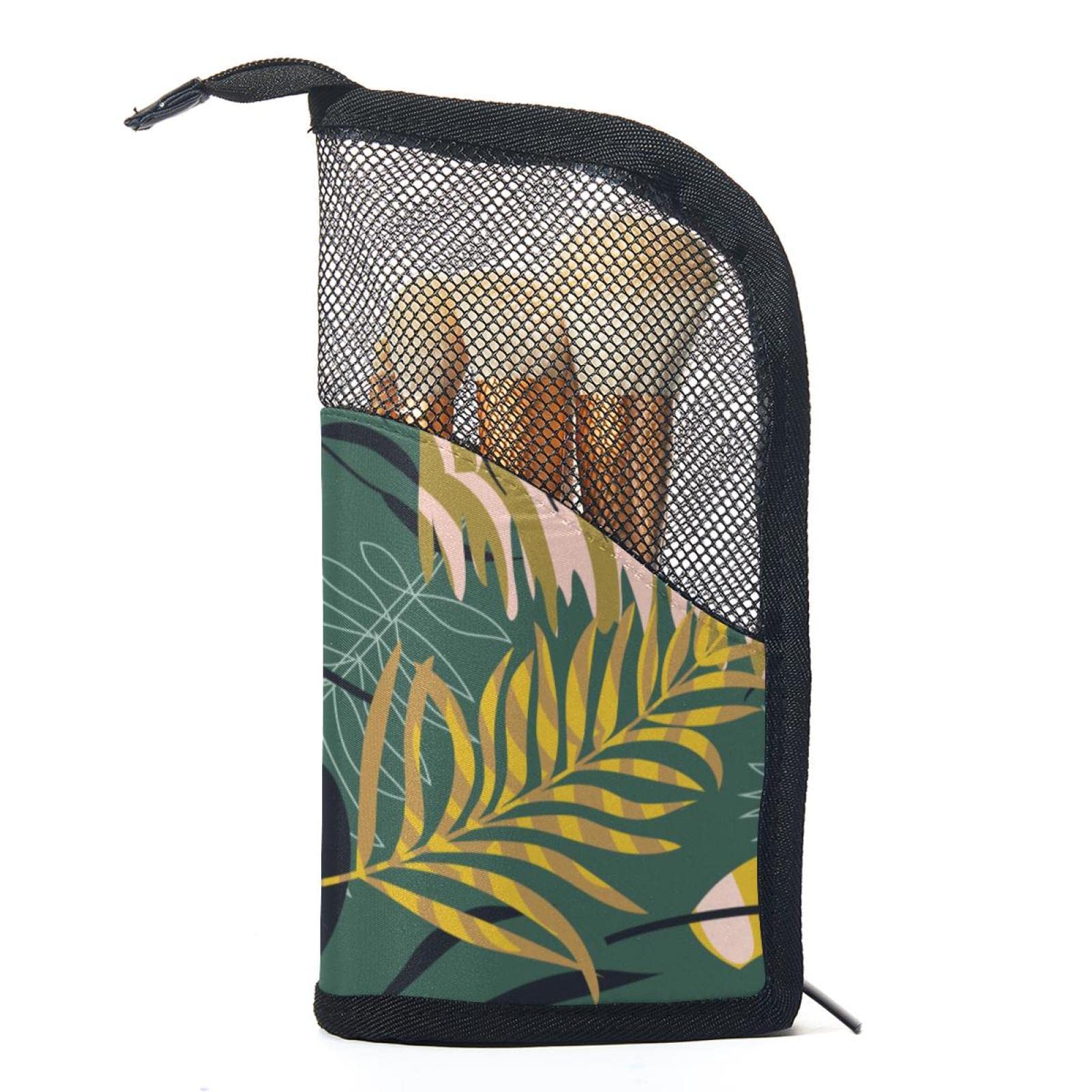 12-Piece Makeup Brush Organizer Bag with Portable Holder - Tropical Jungle Leaves Green Design - Perfect for Travel, Home Storage & Professional Makeup Artist Kit