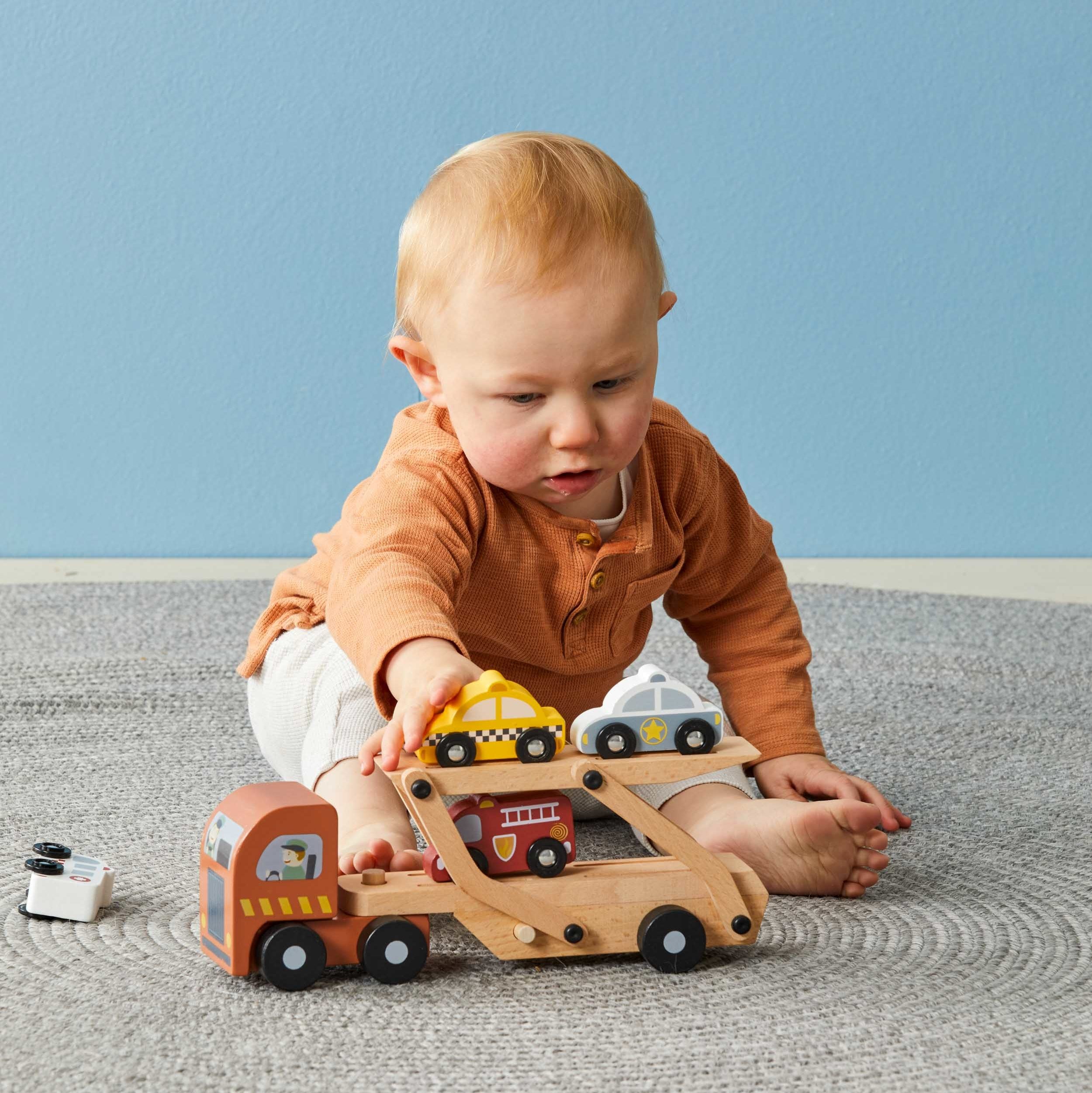 Wooden Car Carrier Truck Toy Set for Kids - 12-Piece Wooden Vehicle Transport Playset with Movable Ramp - Perfect for Pretend Play, Birthday Gifts & Preschool Learning Activities