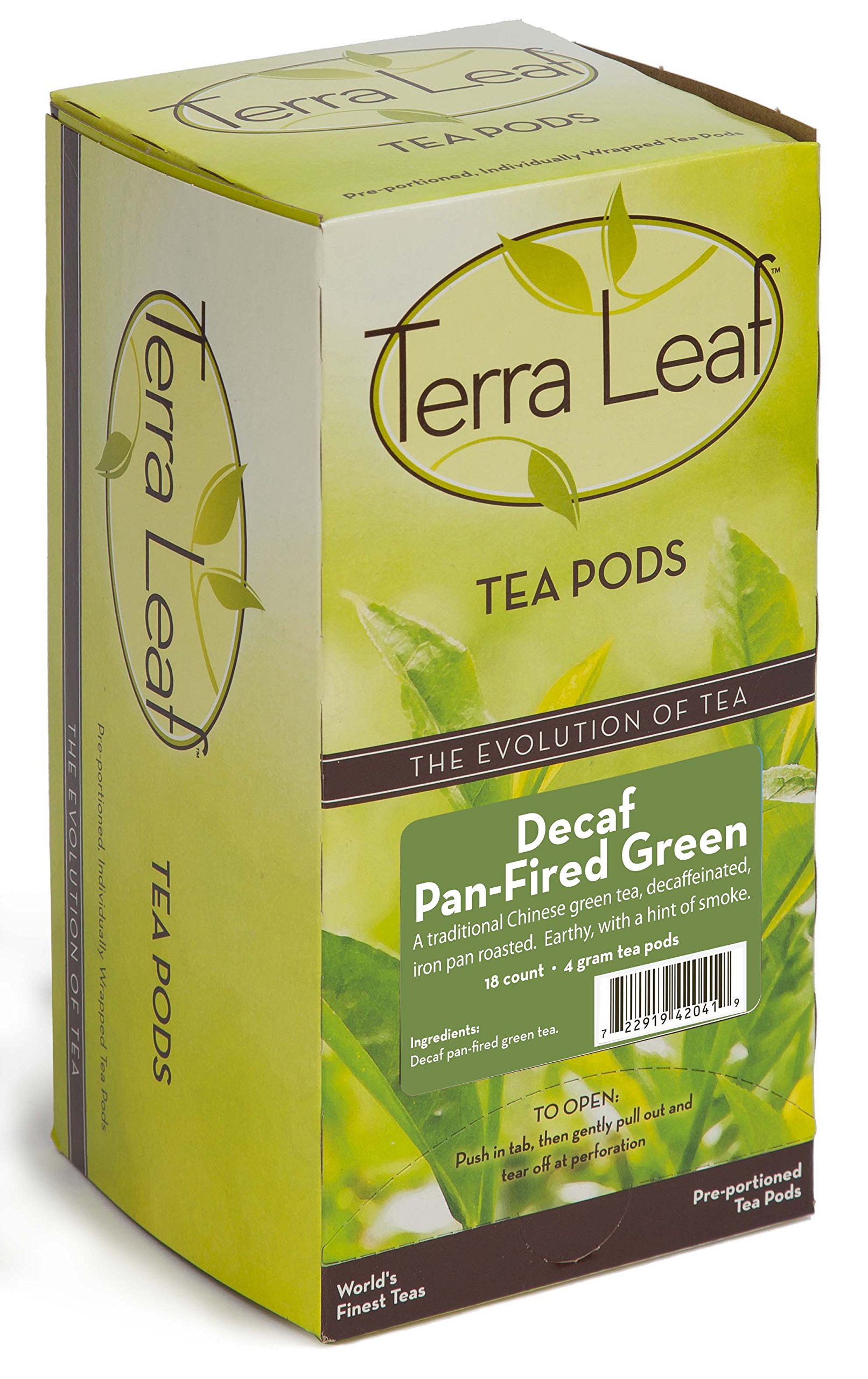 Baronet Coffee Terra Leaf Decaf Pan Fired Green Tea Pods - 54 Count (3 Boxes of 18) - 4g Single Serve Pods for Keurig & Most Brewers - Individually Wrapped for Freshness - Perfect for Home, Office or Travel