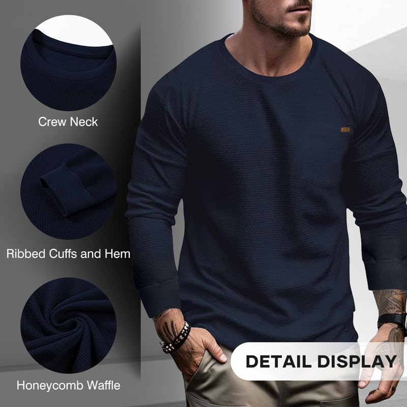 Men's Long Sleeve Casual Crewneck Sweater - Lightweight Honeycomb Waffle Knit Shirt with Pocket | Perfect for Fall Layering & Office Wear