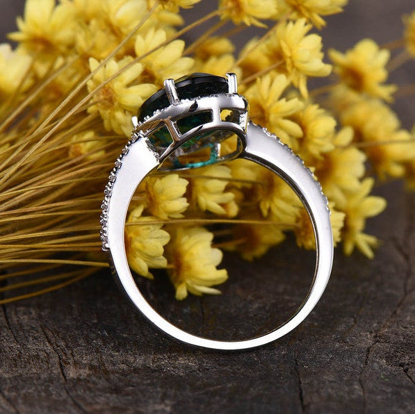 Vintage Emerald and Diamond Halo Wedding Ring - 8x11mm Oval Cut Emerald with Half Eternity Diamond Band in 14K White Gold - Perfect for Engagement, Anniversary, and Bridal Jewelry Gifts