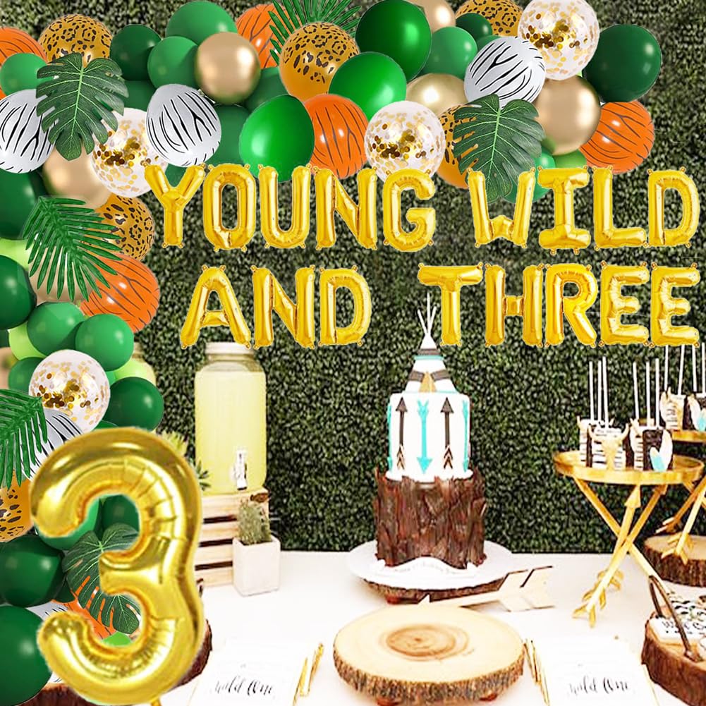 145 Pcs Safari Jungle 3rd Birthday Party Decorations Kit - Gold Wild & Three Balloons, Jungle Animal Balloons, Garlands & Arch for Wild Three Themed Woodland Party - Perfect for Kids' Birthday, Baby Shower & Jungle-Themed Events