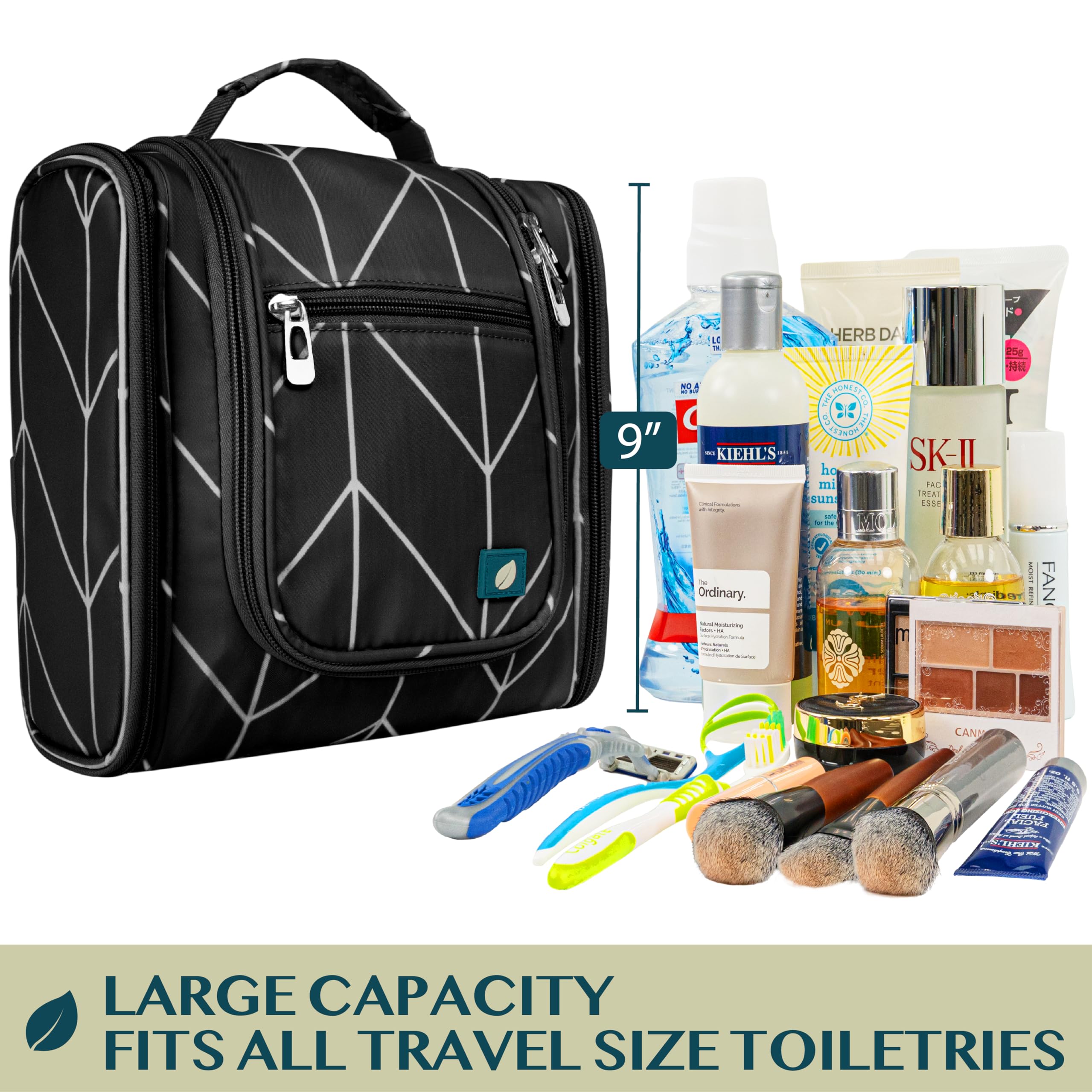 PAVILIA Hanging Toiletry Bag for Women & Men - Water Resistant Travel Cosmetic Organizer with Large Capacity - Perfect for Makeup, Toiletries & Travel Essentials (Black Chevron) | Ideal for Vacation, Business Trips & Camping