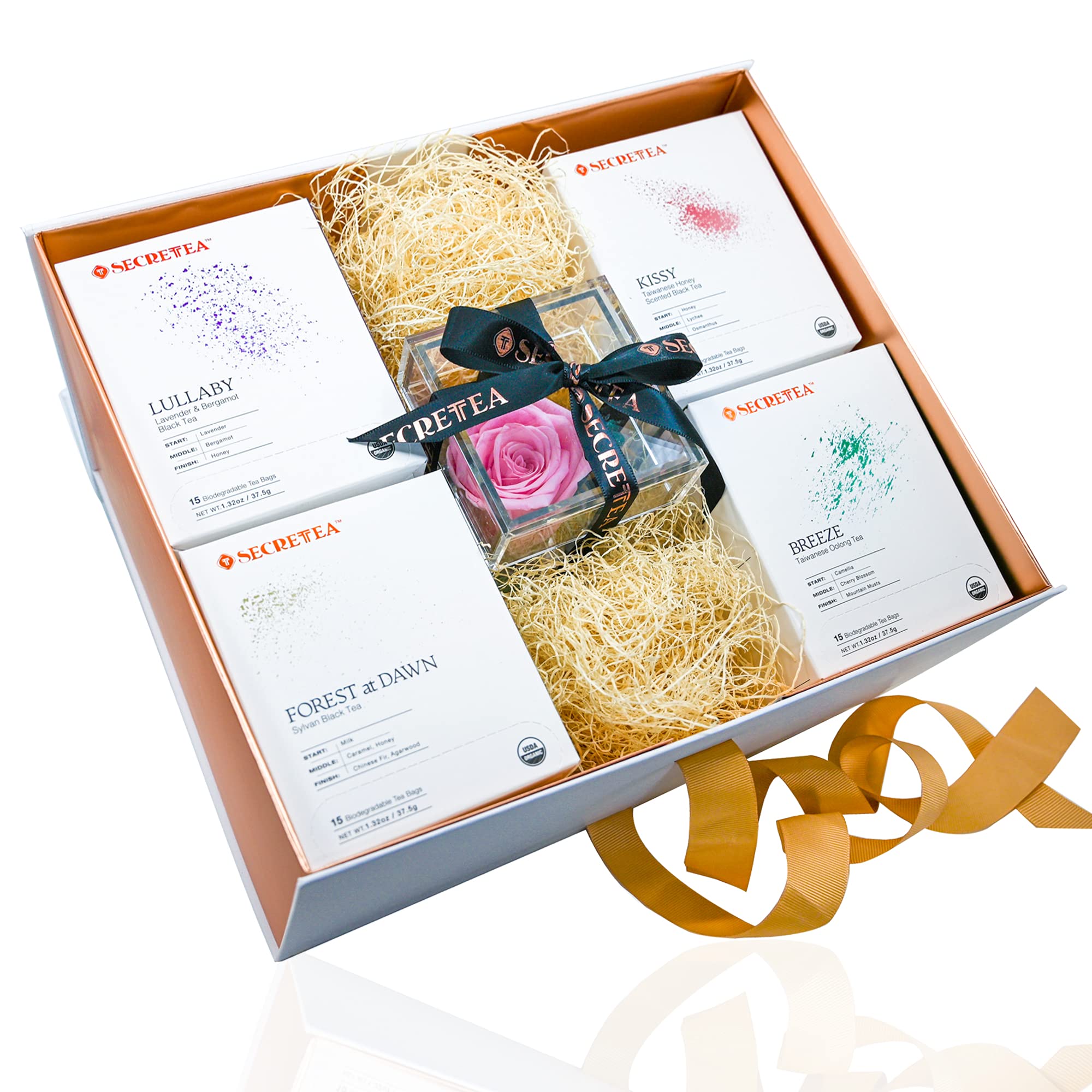 SECRETEA TRIBUTE Luxury Tea Gift Set - Handcrafted Preserved Rose Tea Box with 4 Blended Teas | 100% Natural Ingredients | Birthday, Business & Mother's Day Gifts | Perfect for Tea Lovers, Home Relaxation & Office Refreshment
