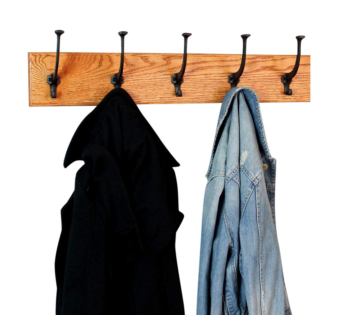 Solid Oak Wall Mounted Coat Rack with Large Black Mission Hooks - Handcrafted in USA - Burnt Orange Finish - 15