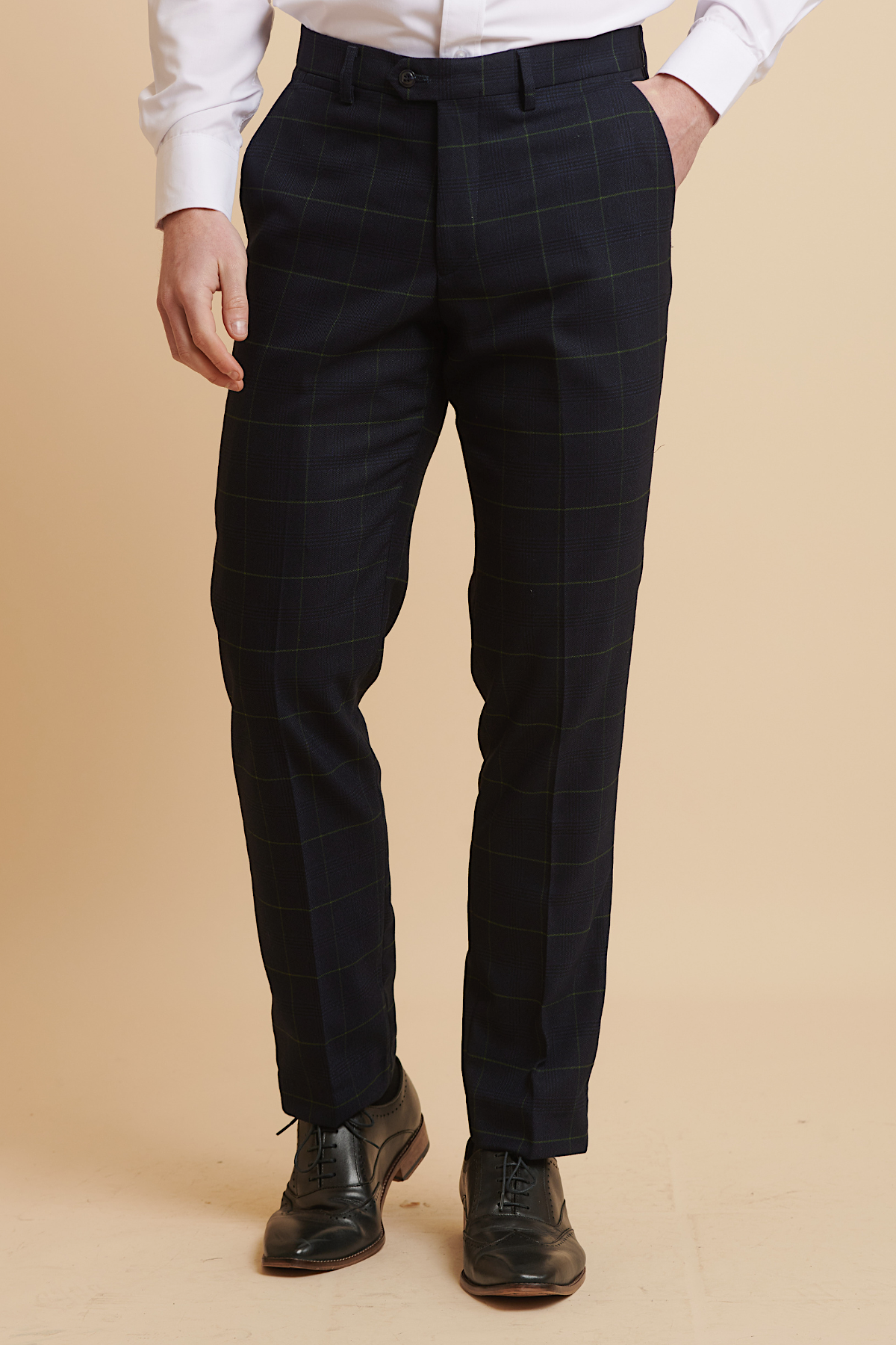 EDINSON Men's Navy Green Checkered Trousers - Casual Slim Fit Check Pants for Office, Travel & Everyday Wear