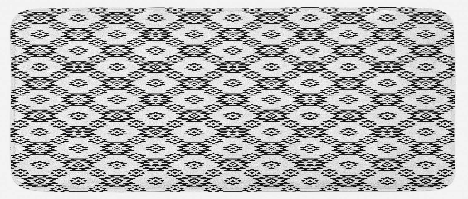 Ambesonne Non-Slip Tribal Kitchen Rug - Geometric Rhombus Triangle Design Plush Decor Mat 47x19 Inch - Charcoal Grey & White for Modern Farmhouse, Apartment, Dorm Kitchen Floor Protection