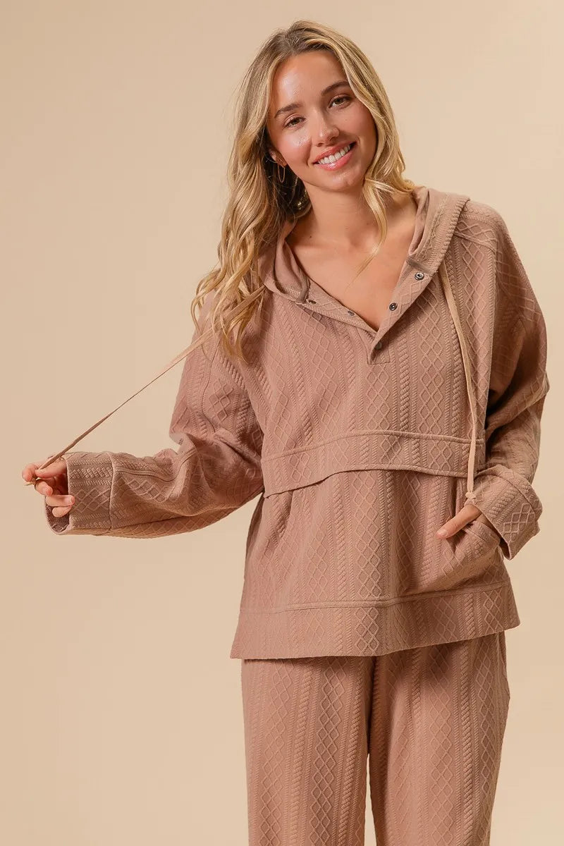BiBi Textured Knit Buttoned Hoodie Top for Women - Cozy Casual Pullover Sweater with Front Buttons | Perfect for Fall Layering, Weekend Outfits & Coffee Dates