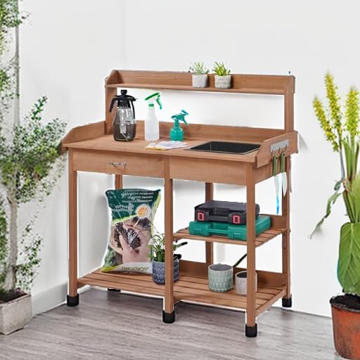 Yaheetech Outdoor Potting Bench with Sink, Drawer & Shelves - Solid Wood Garden Work Station for Planting, Horticulture & Gardening - Perfect for Backyard, Patio & Greenhouse Use