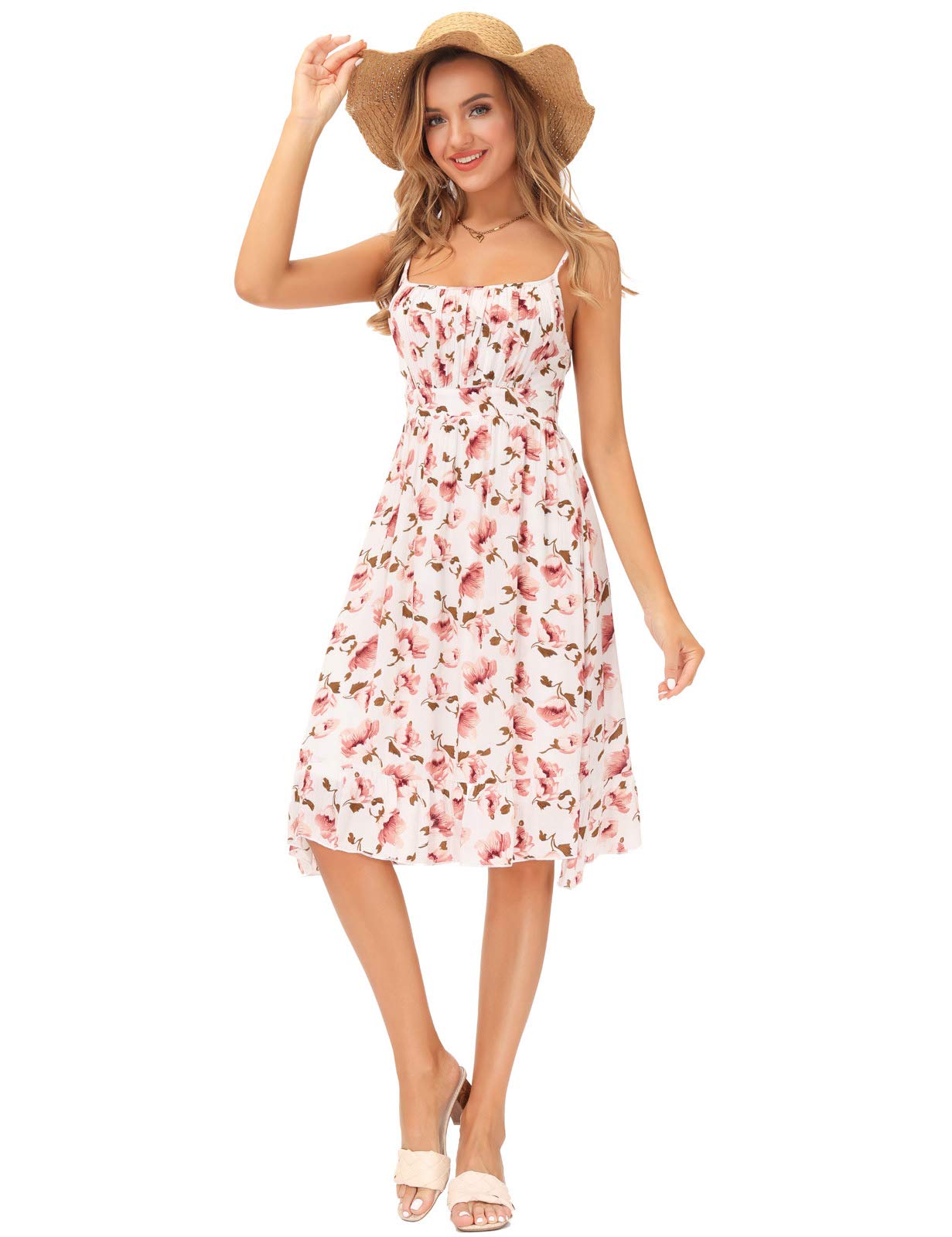 GRACE KARIN Women's Floral Spaghetti Strap Dress with Ruffle Hem & Pleated Design - Boho Flowy Midi Summer Dress for Beach, Vacation & Casual Wear | Perfect for Outdoor Parties, Date Nights & Tropical Getaways