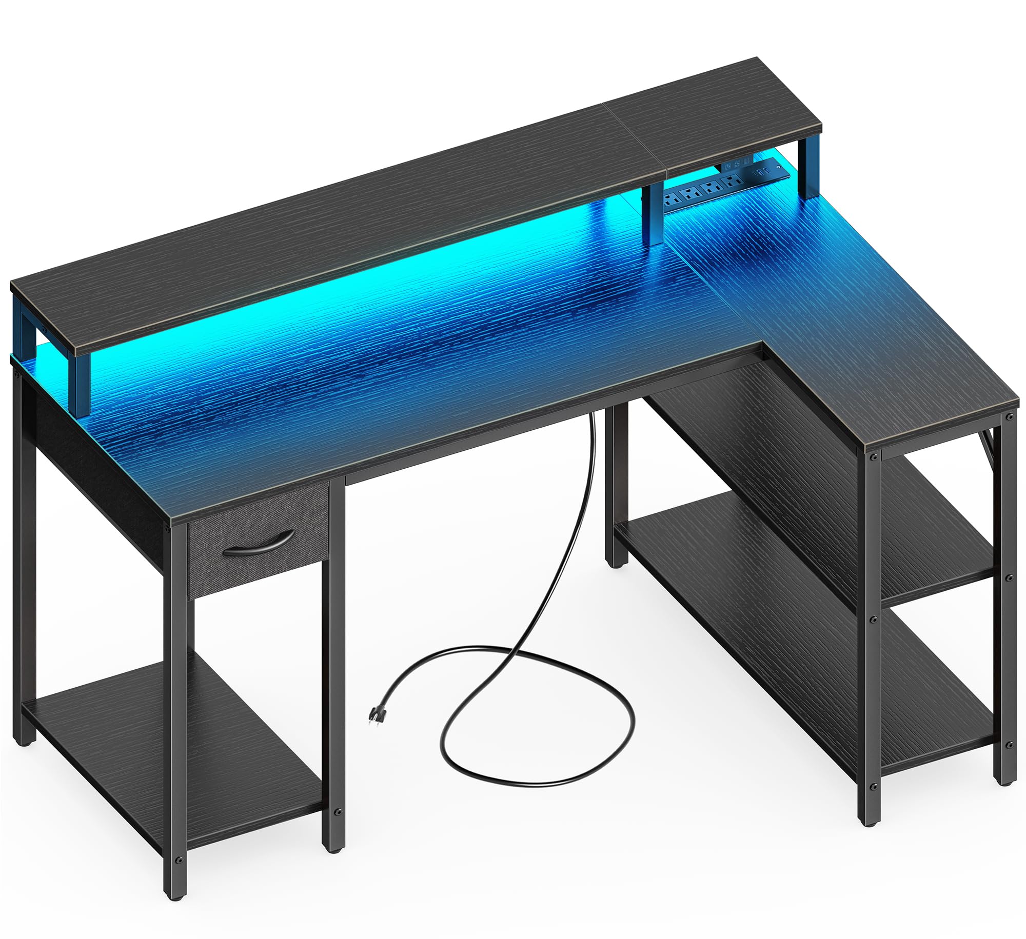 SUPERJARE 47 inch Reversible L-Shaped Desk with LED Lights & Power Outlets - Adjustable Computer Desk with Storage Shelves, Monitor Stand & Drawer - Ergonomic Gaming & Home Office Corner Desk (Black) for Small Spaces, Work from Home & PC Gaming Setup