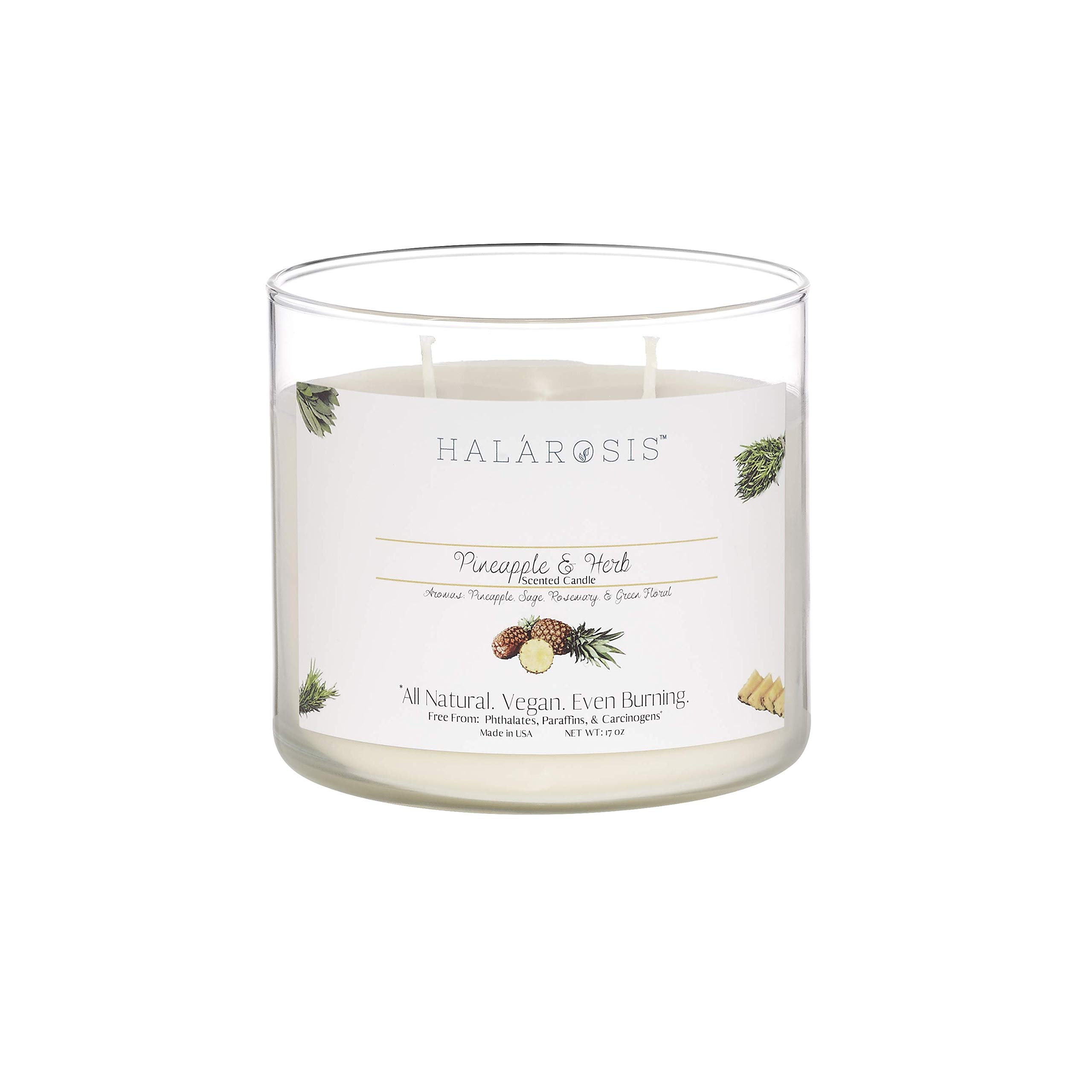 Halarosis Premium Soy Candles - 60-Hour Long Burning Pineapple & Herb Scented Candle (17 oz) with Cotton Wick - Perfect for Home Fragrance, Birthday Gifts, Housewarming & Special Occasions - Ideal for Living Room, Bedroom, Spa Relaxation & Romantic Dinners