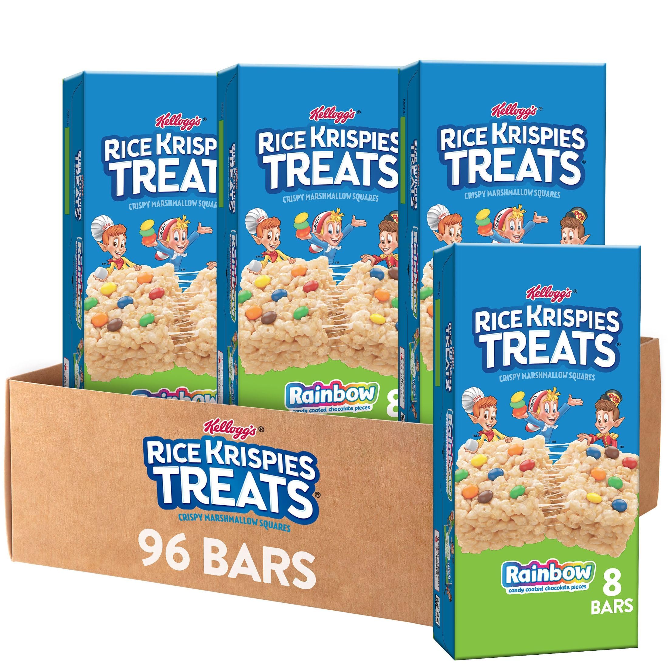 Kellogg's Rice Krispies Treats Marshmallow Snack Bars - 12 Boxes (96 Bars) - Colorful Rainbow Variety - Perfect for Kids Lunches, School Snacks & After-School Treats - Gluten Free Snack for Classrooms, Birthday Parties & Road Trips