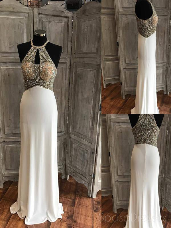 Elegant White Beaded See-Through Halter Prom Dress - Long Evening Gown for Formal Parties & Special Occasions | Perfect for Prom, Homecoming, and Black Tie Events
