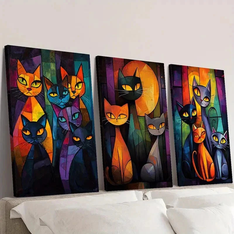 3-Piece Abstract Cat Fantasy Colors Wall Art Set - Framed Canvas 40x60cm - High Quality Print - 100% Australian Made - Ready to Hang - Perfect for Living Room, Bedroom & Office Decor