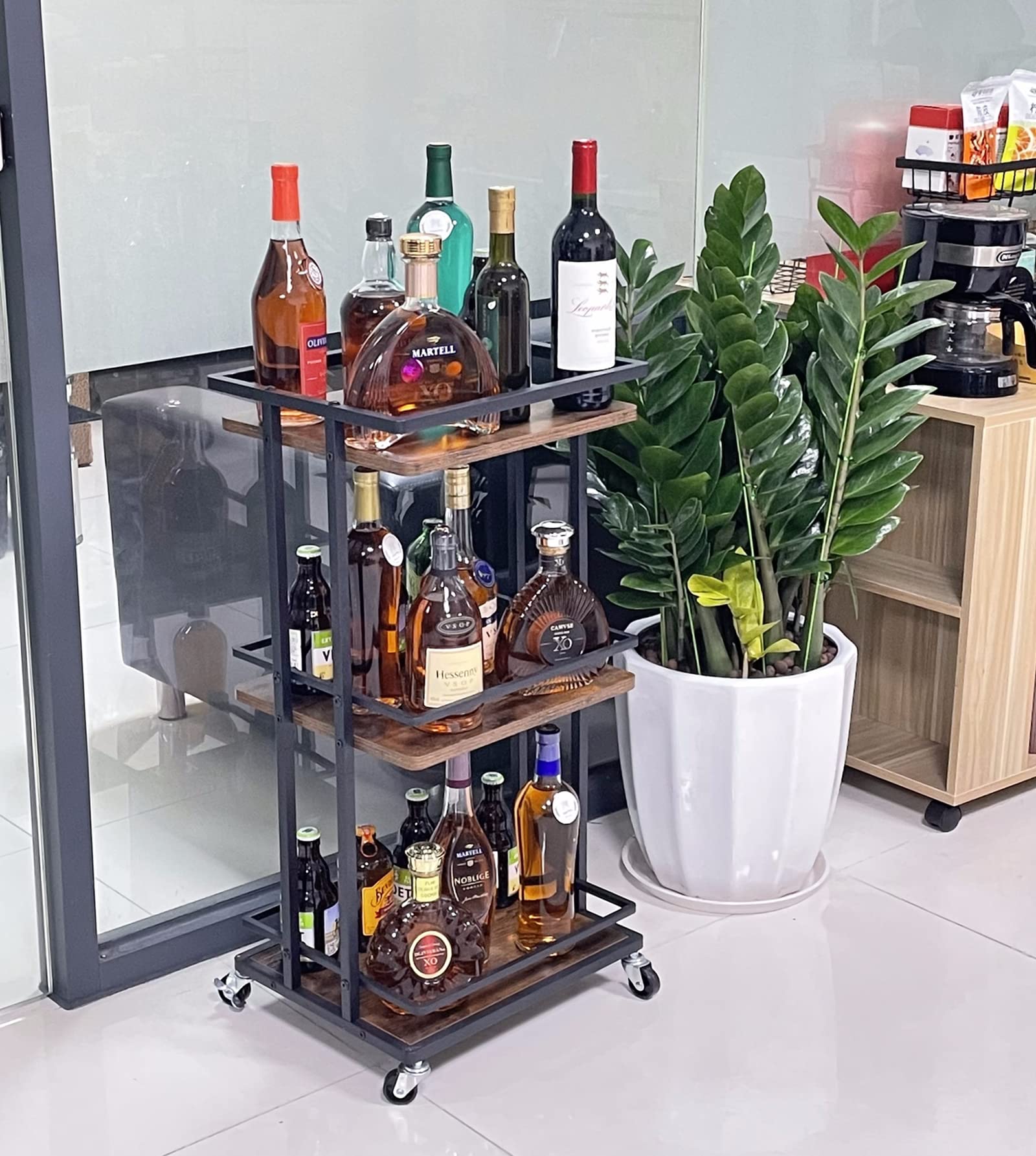 3-Tier Rolling Bar Cart with Wheels - Portable Mini Liquor Cabinet for Wine, Beverage & Coffee Storage - Kitchen Island Serving Cart for Dining Room, Living Room & Party Use - Espresso Brown Home Bar Furniture (Perfect for Entertaining, Small Space Storage & Mobile Drink Service)