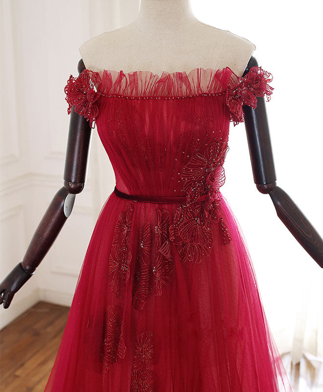 Elegant Burgundy Tulle Lace Long Prom Dress & Evening Gown - Perfect for Homecoming, Formal Dances, and Special Occasions