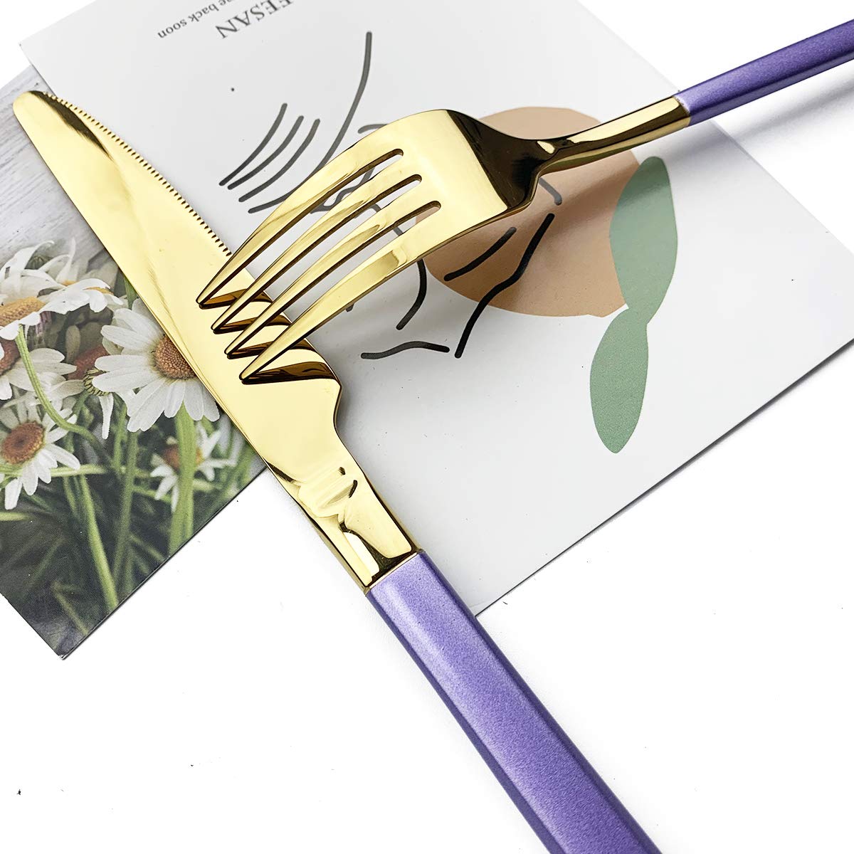 JASHII 5-Piece Modern Silverware Set - 18/10 Stainless Steel Elegant Flatware with Square Edge - Mirror Polished & Dishwasher Safe (Purple Gold) - Perfect for Dining, Gifts & Kitchen Essentials