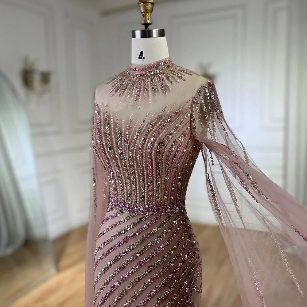 Elegant Pink Cape Sleeve Mermaid Evening Gown with Beaded Details - Luxury Dubai Style Wedding Dress for Women | Perfect for Red Carpet Events, Galas & Formal Parties 2025 LA72449