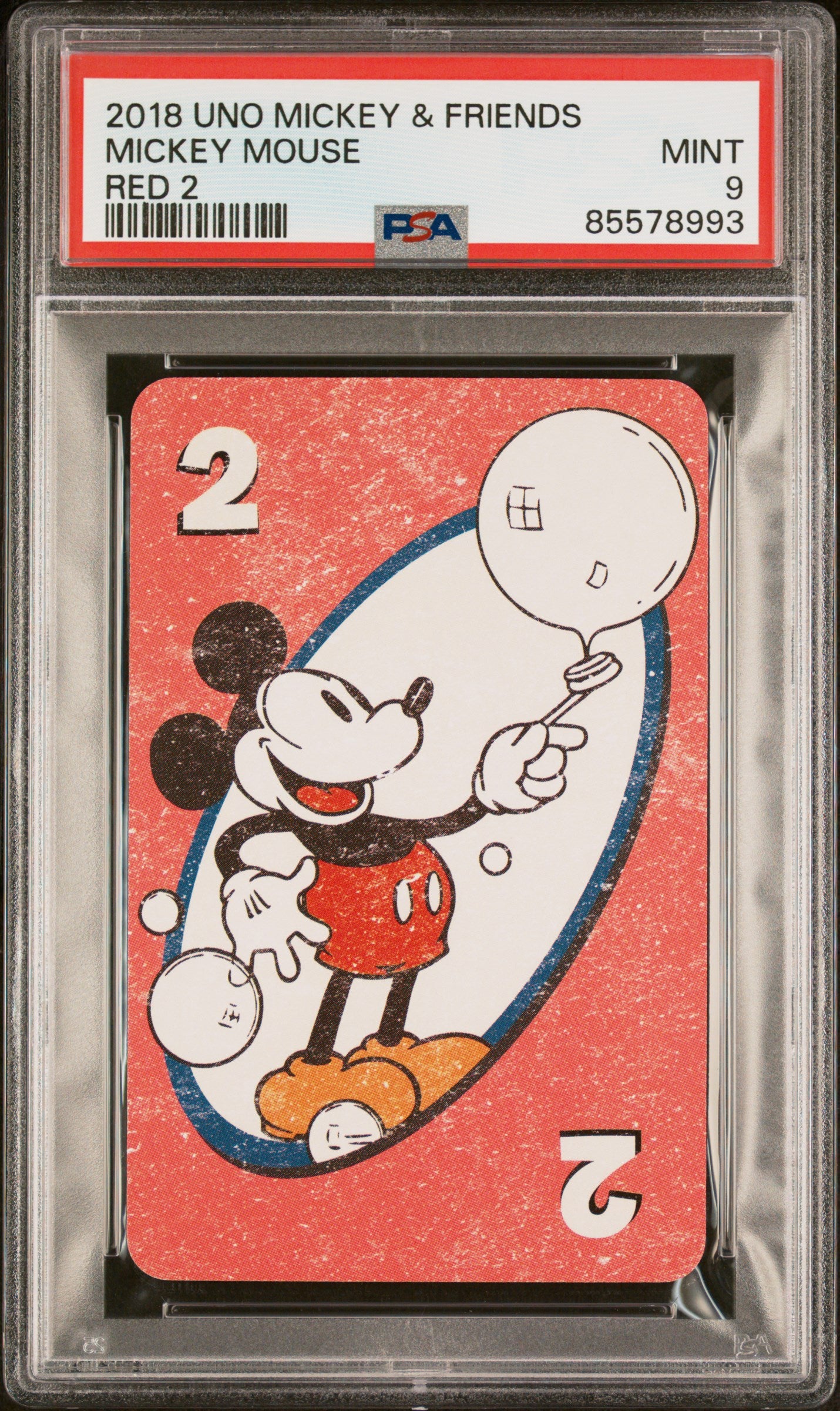 2018 UNO Disney Mickey Mouse & Friends Mickey Mouse Red 2 PSA 9 Graded Card - Perfect for Collectors, Disney Fans, and Card Game Enthusiasts