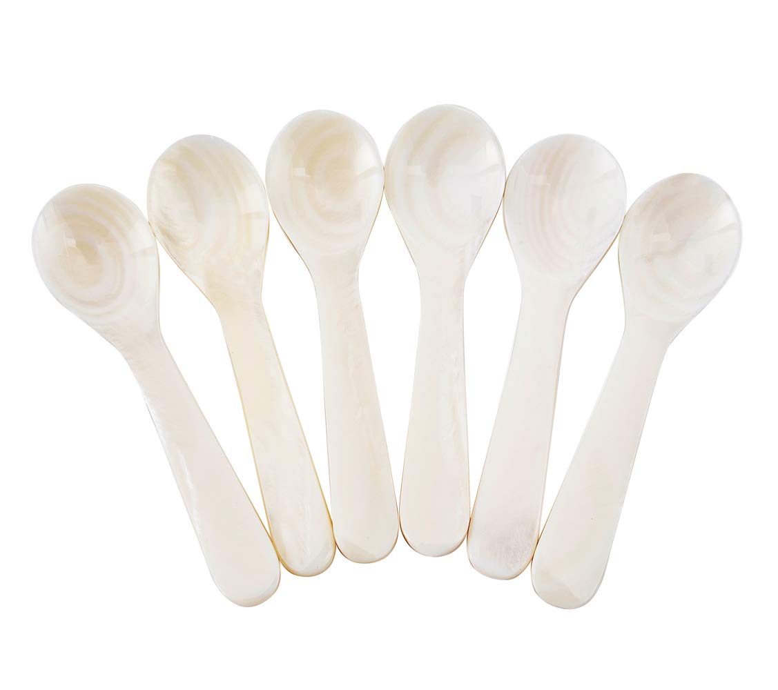 Premium Set of 6 White Mother of Pearl Caviar Spoons - Elegant MOP Serving Utensils for Caviar, Eggs, Ice Cream & Coffee (11x2.5cm) - Perfect for Fine Dining, Gourmet Parties & Luxury Gift Giving