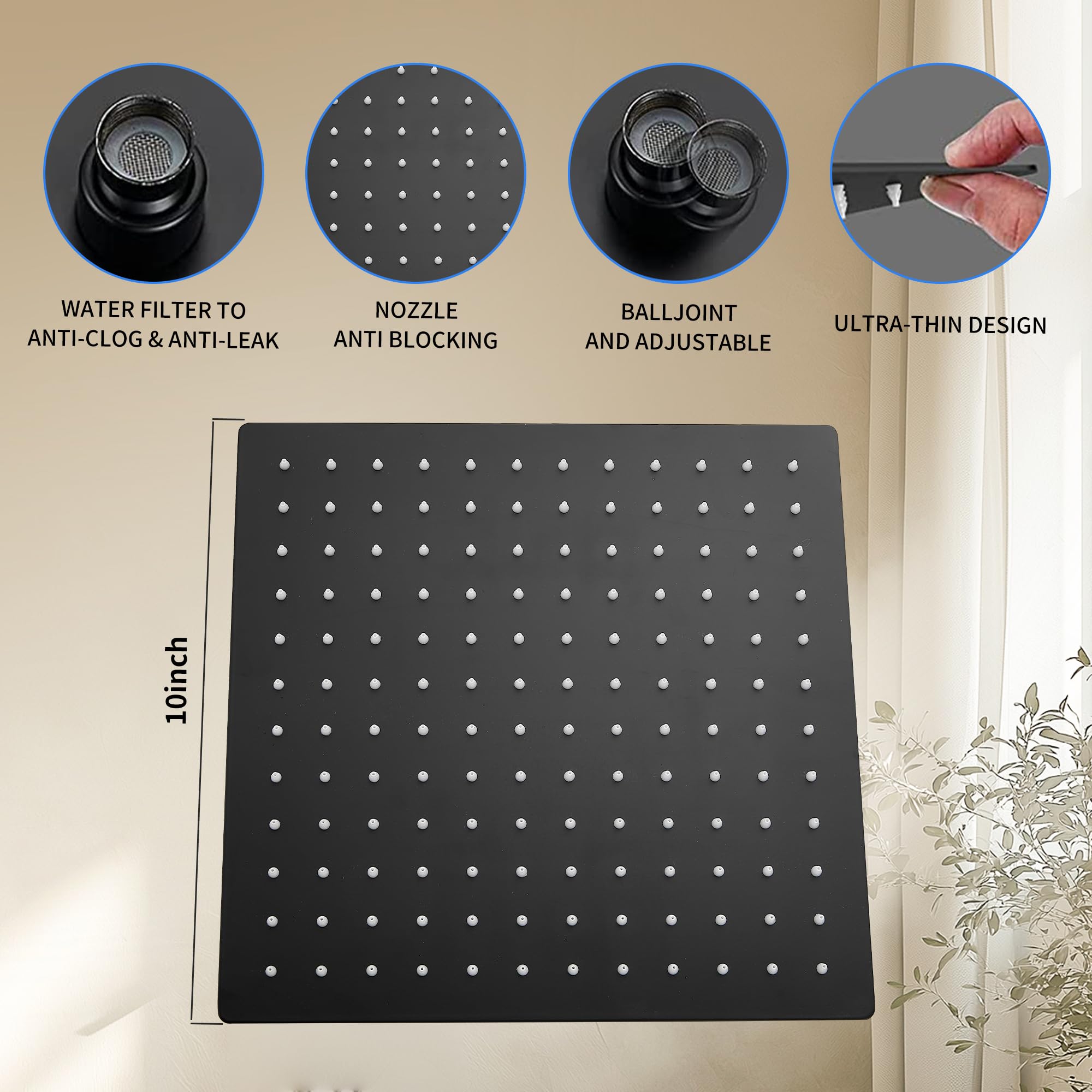 10 Inch Square Stainless Steel Rainfall Shower System - Black GGStudy Shower Faucet Trim Kit with Rough-in Valve, Handheld Spray & Metal Shower Head for Modern Bathroom Renovation | Perfect for Spa-Like Experience and Water-Saving Bathing