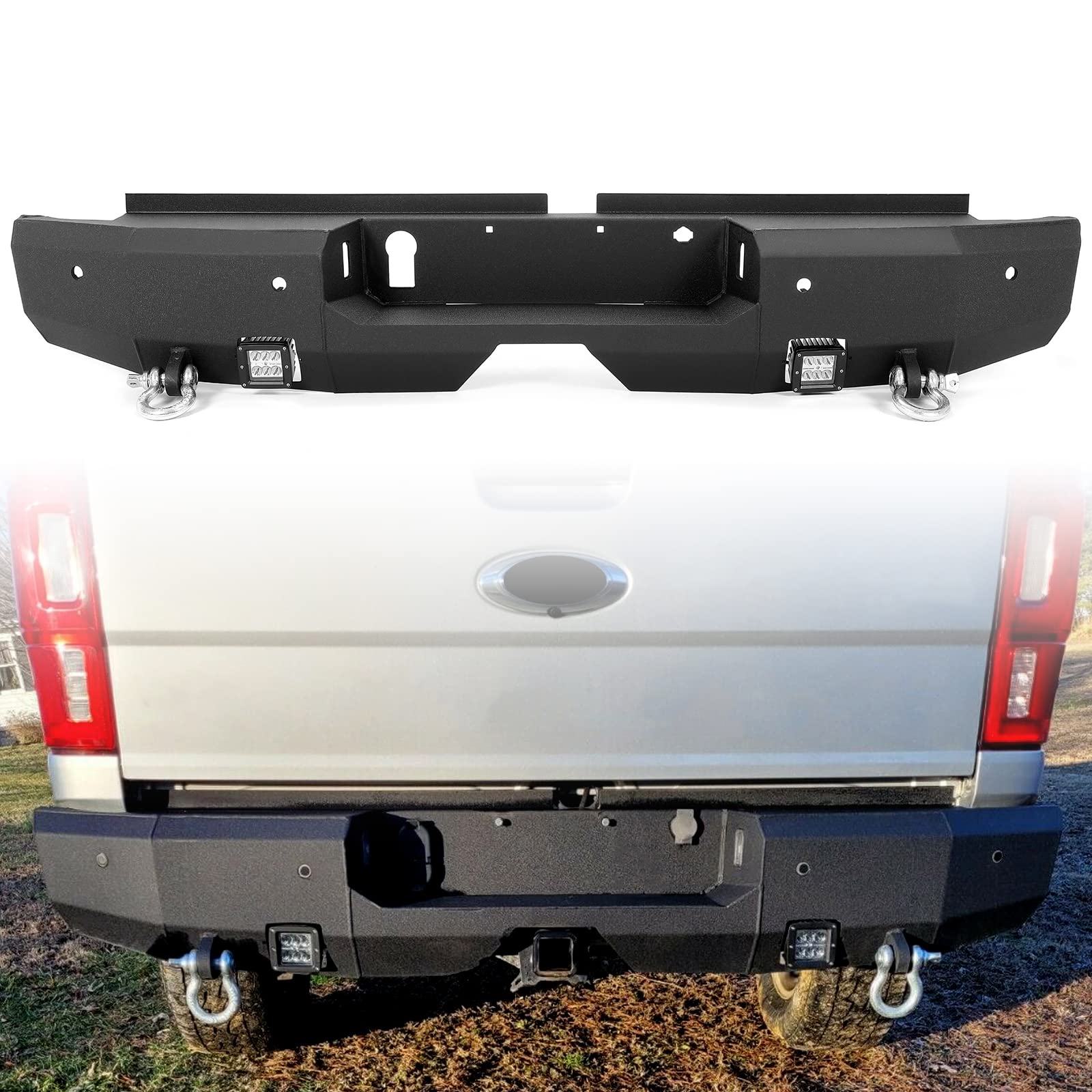 KUAFU Heavy Duty Rear Bumper with D-Rings & LED Lights for 2019-2023 Ford Ranger | Textured Black Steel Truck Bumper | Off-Road Protection & Towing Accessory