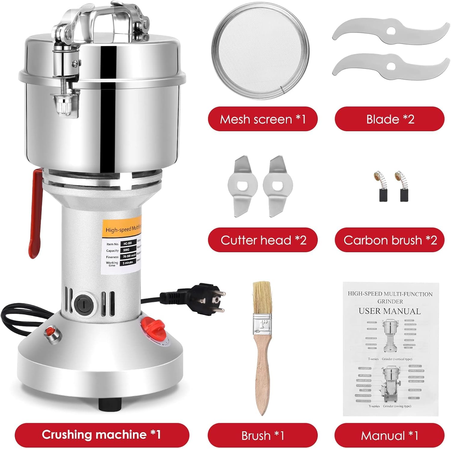 VAYOTOY 500g Electric Stone Grain Mill Grinder - 36000RPM High Speed Stainless Steel Dry Grain Grinder for Wheat, Cereals & Spices - Perfect for Home Baking, Coffee Grinding & Healthy Cooking
