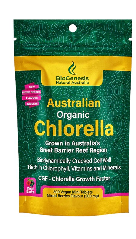 Biogenesis Australian Organic Chlorella 300 Mini 200mg Tablets - Mixed Berries Flavor Sachet | Premium Superfood Supplement for Detox, Immunity & Energy Boost | Perfect for Smoothies, Shakes & Daily Wellness Routine