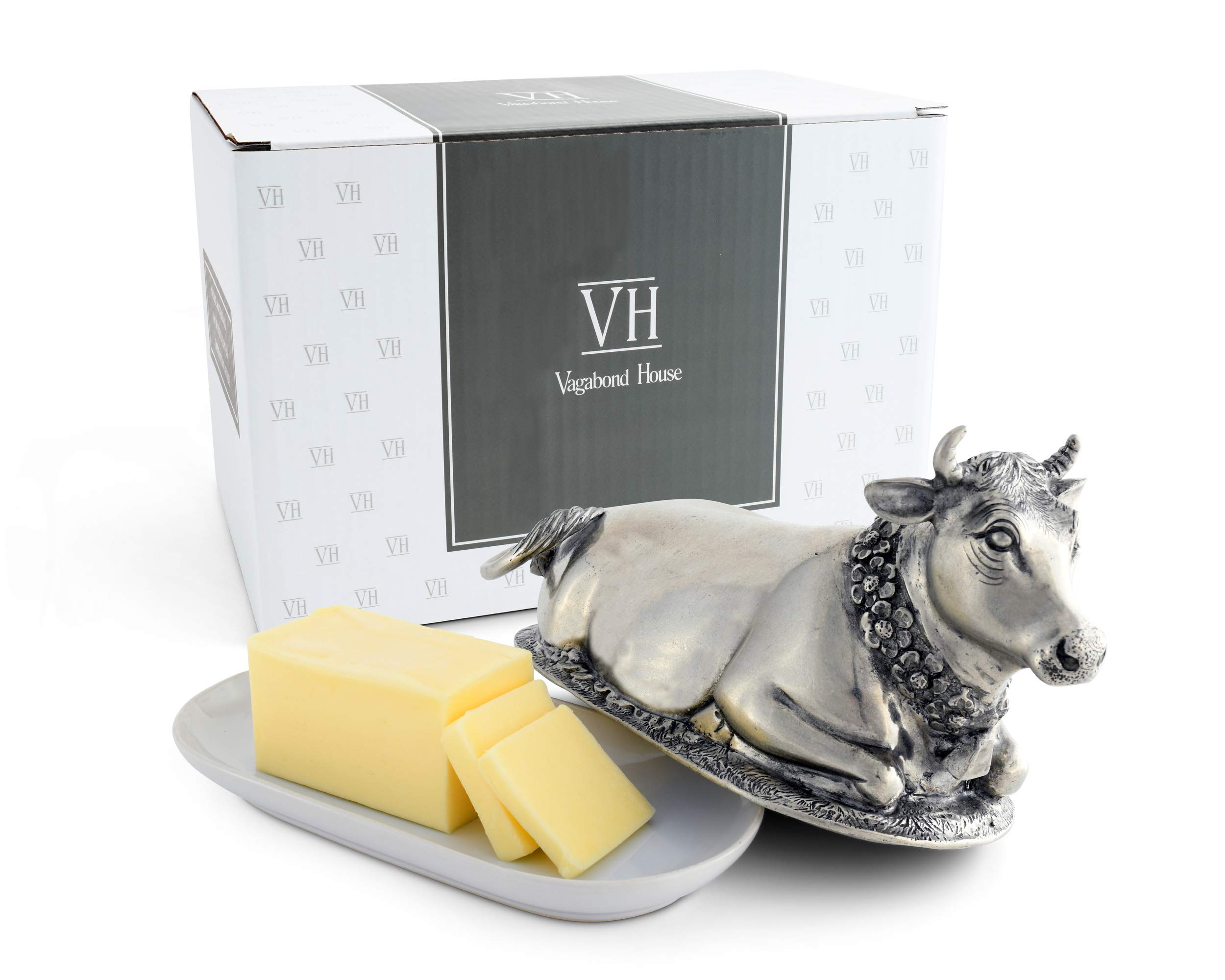Vagabond House Pewter Metal Mabel the Cow Covered Butter Dish - Heirloom Quality Cream Cheese Container with Stoneware Tray Base - 8.5 Inch Long - Perfect for Farmhouse Kitchens, Country Dining & Vintage Decor