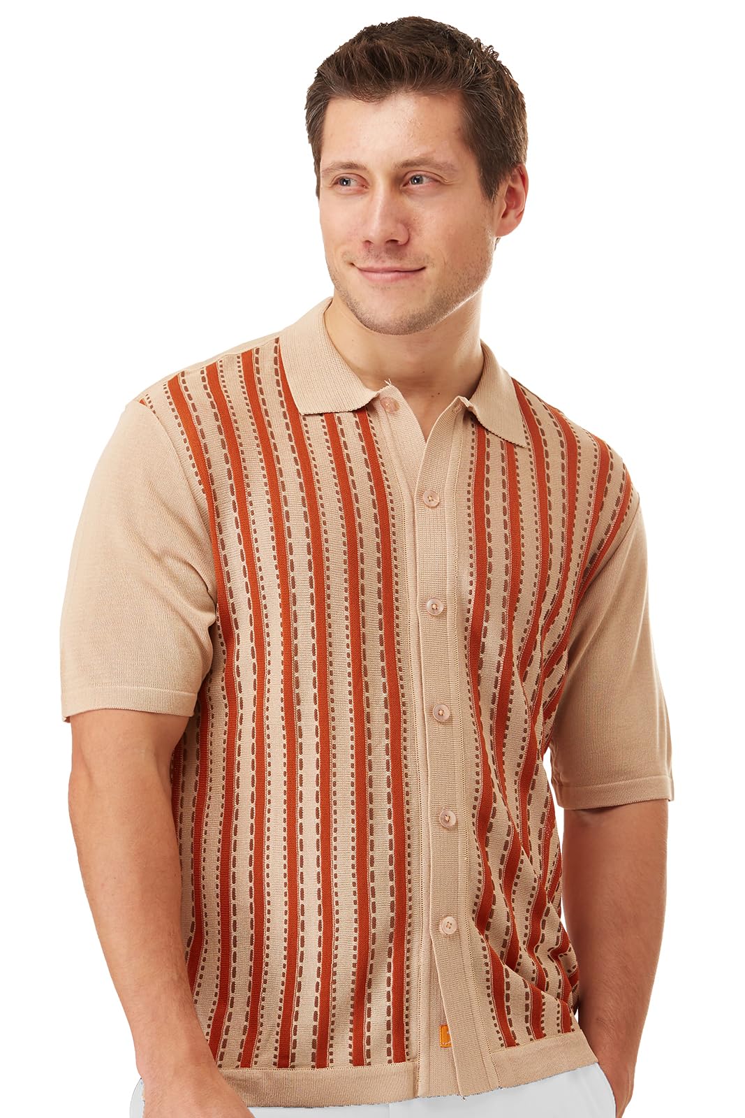 Men's Short Sleeve Knit Shirt - California Rockabilly Style Vertical Stripe with Saddle Stitch Details | Casual Summer Wear for Concerts & Retro Outfits