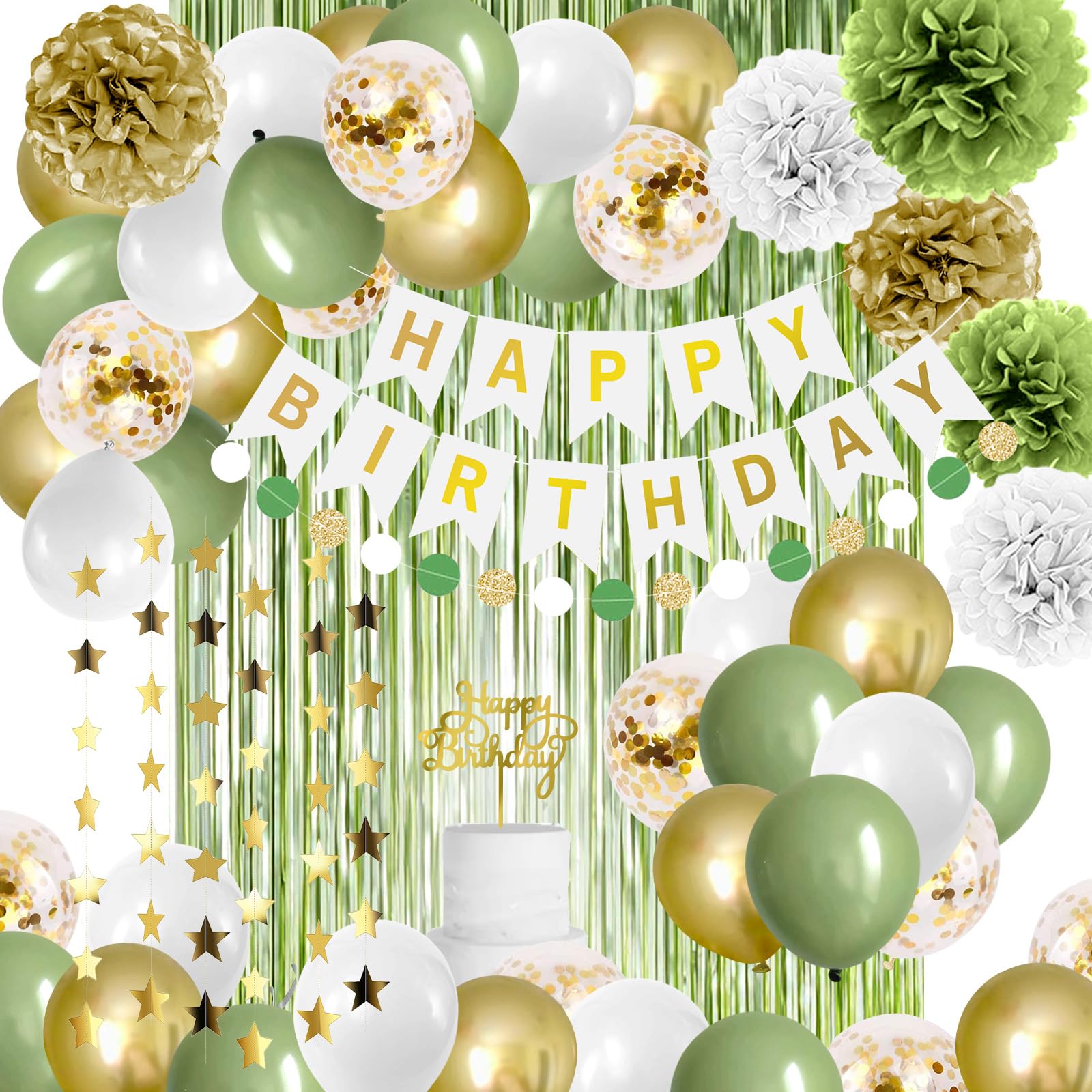 Sage Green & Gold Birthday Party Decorations Set - Olive Green Balloons, Greenery Neutral Décor, White Happy Birthday Banner, Sage Foil Backdrop, Pom Poms - Perfect for Girls, Baby & Women's Birthday Celebrations, Baby Showers & Bridal Showers