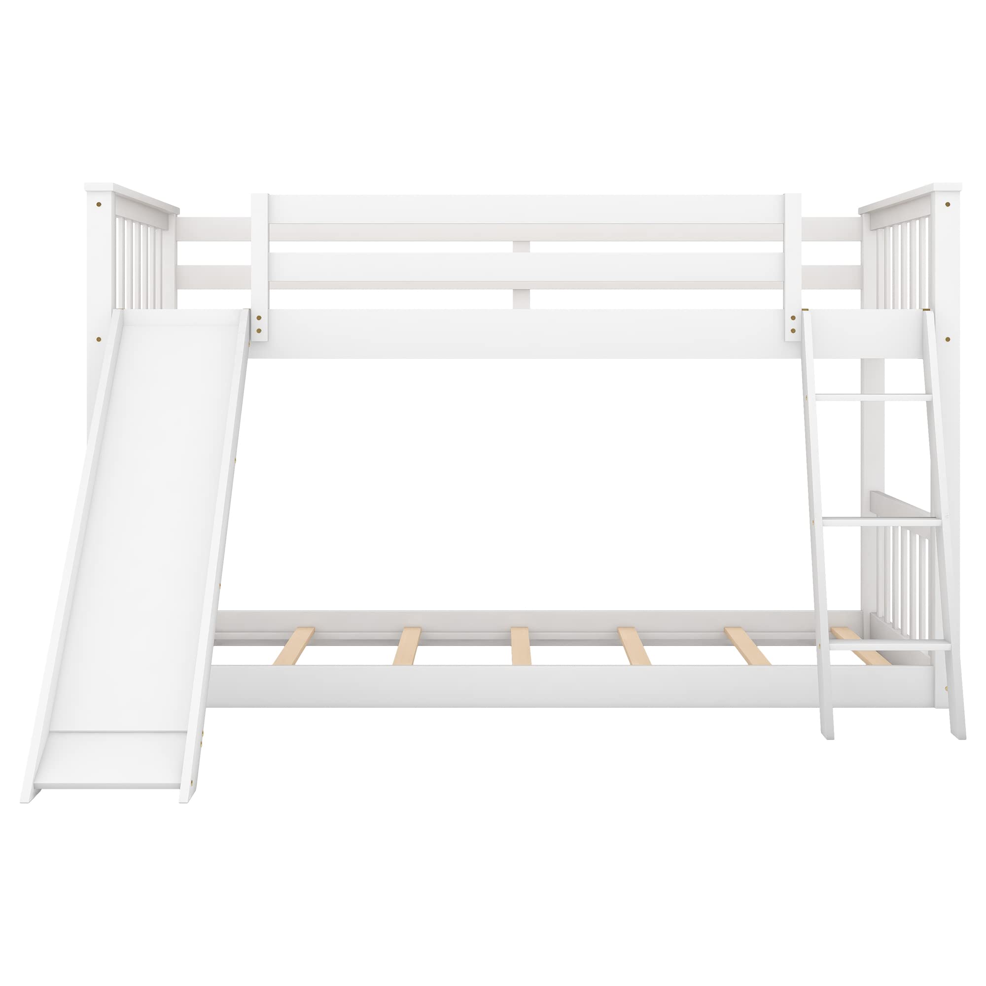 Harper & Bright Solid Wood Twin Over Twin Low Bunk Bed with Slide & Angled Ladders - Kids Bunk Bed for Toddlers to Teens (White) - Perfect for Small Bedrooms, Shared Kids Rooms & Sleepovers