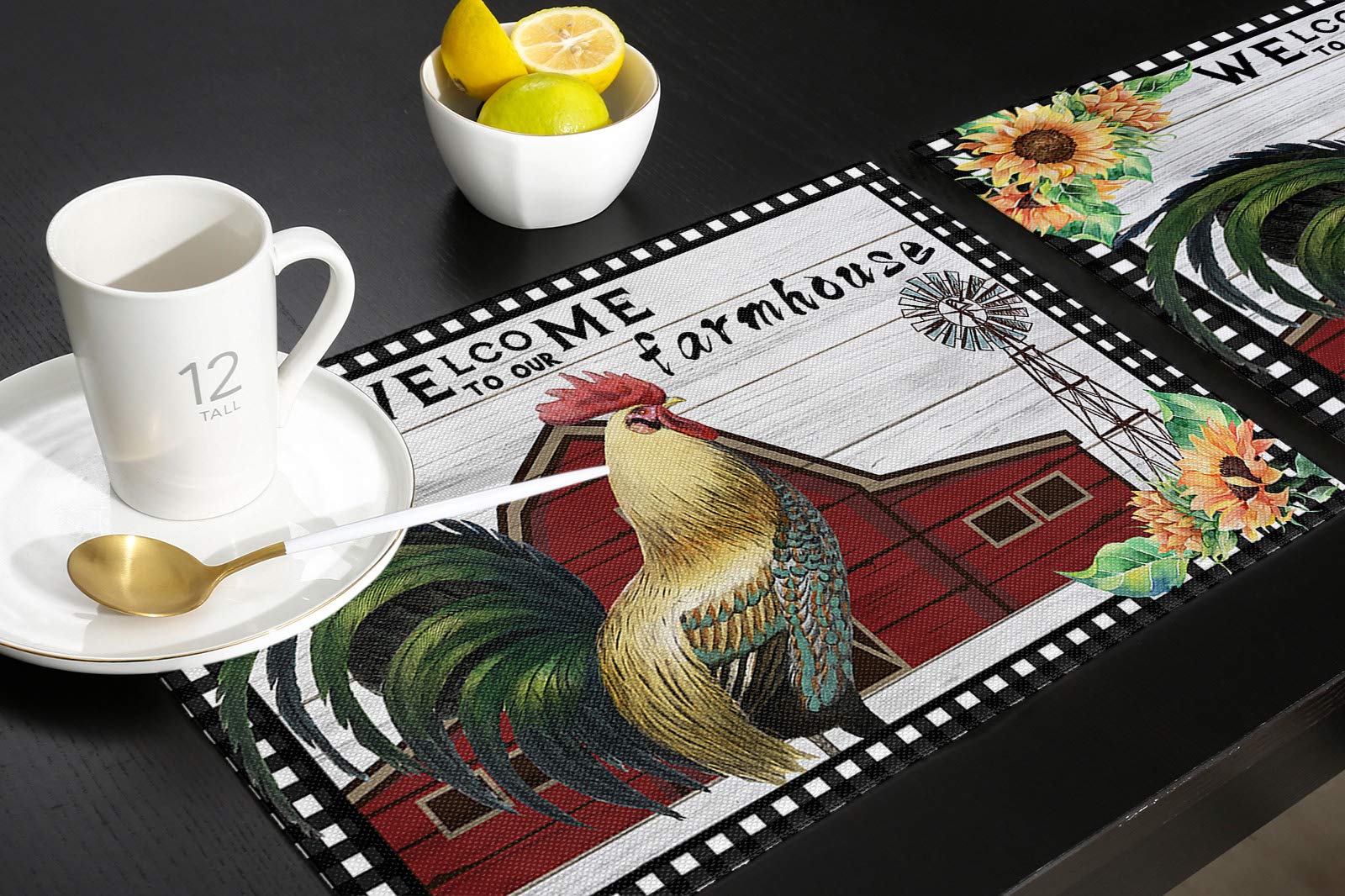 Farmhouse Style Washable Placemats Set of 6 - Rooster Welcome Design, Black White Plaid Wooden Stripes, 13