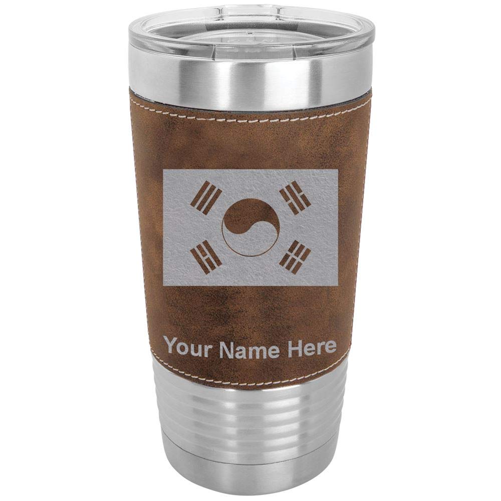 LaserGram 20oz Vacuum Insulated Stainless Steel Tumbler with South Korea Flag Design - Personalized Engraved Travel Mug with Faux Leather Handle (Rustic Finish) - Perfect for Coffee, Tea & Cold Drinks at Home, Office or Outdoor Adventures